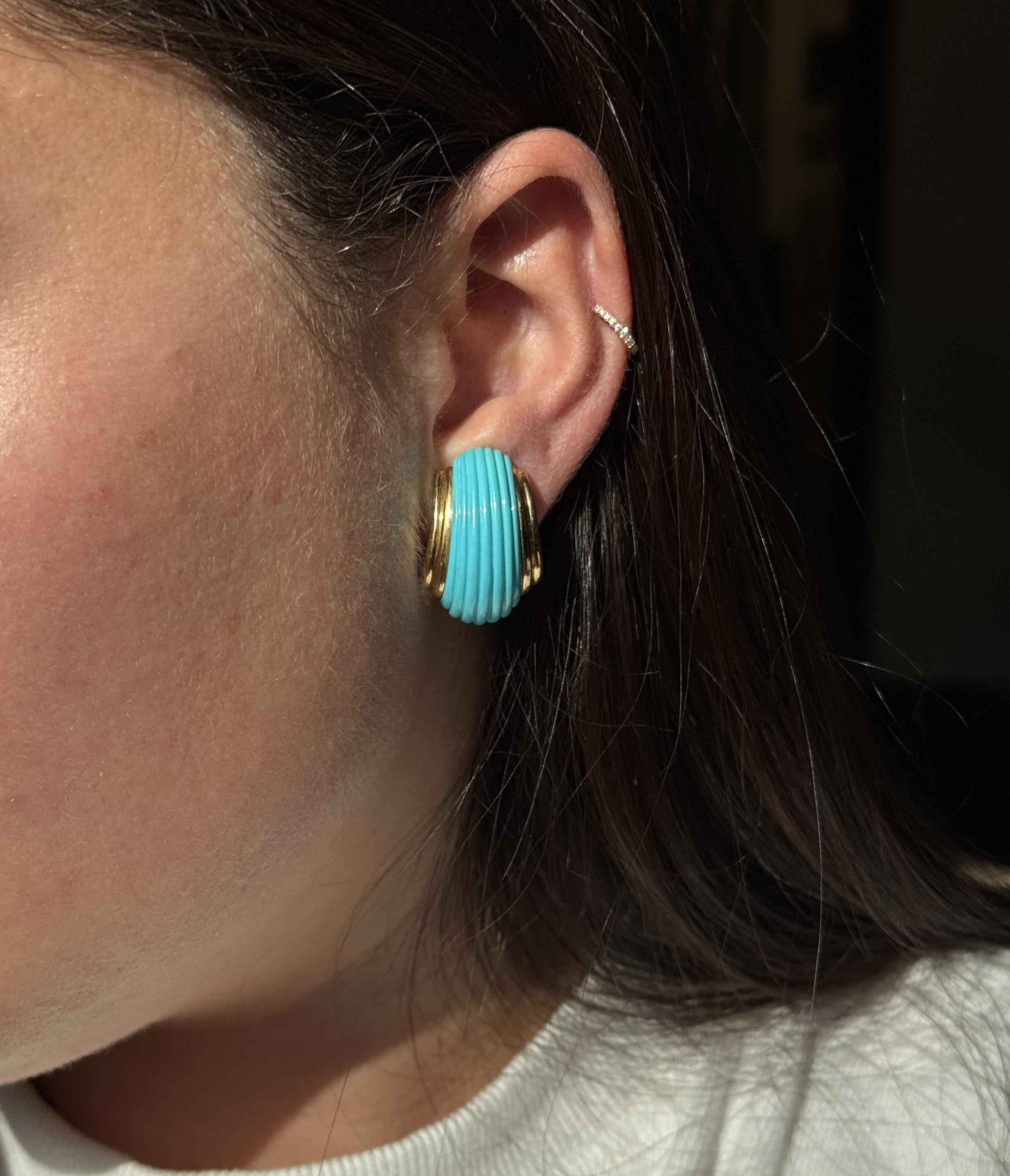Carved Turquoise Gold Half Hoop Earrings