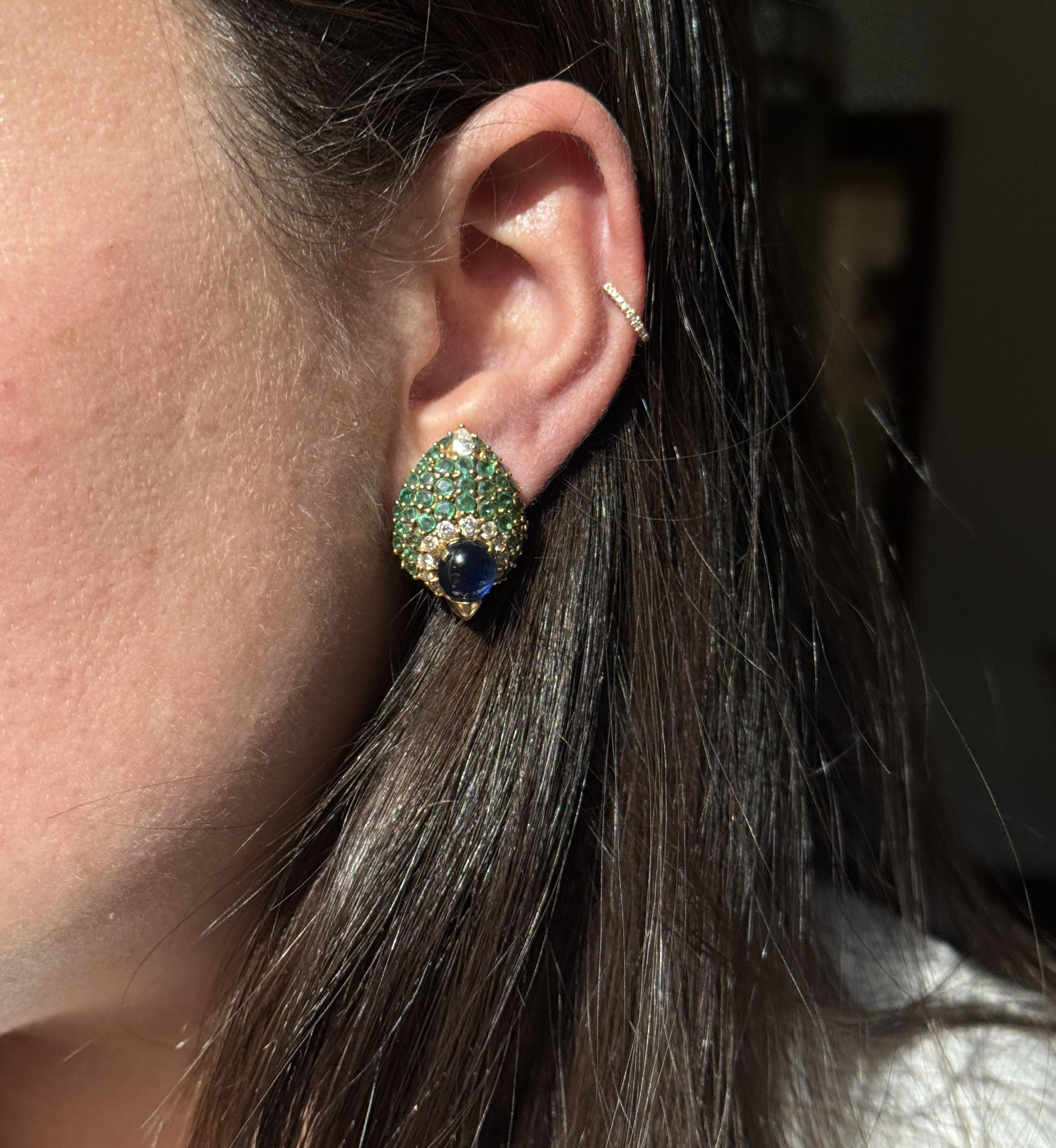 Emerald Sapphire Diamond Gold Cocktail Earrings
