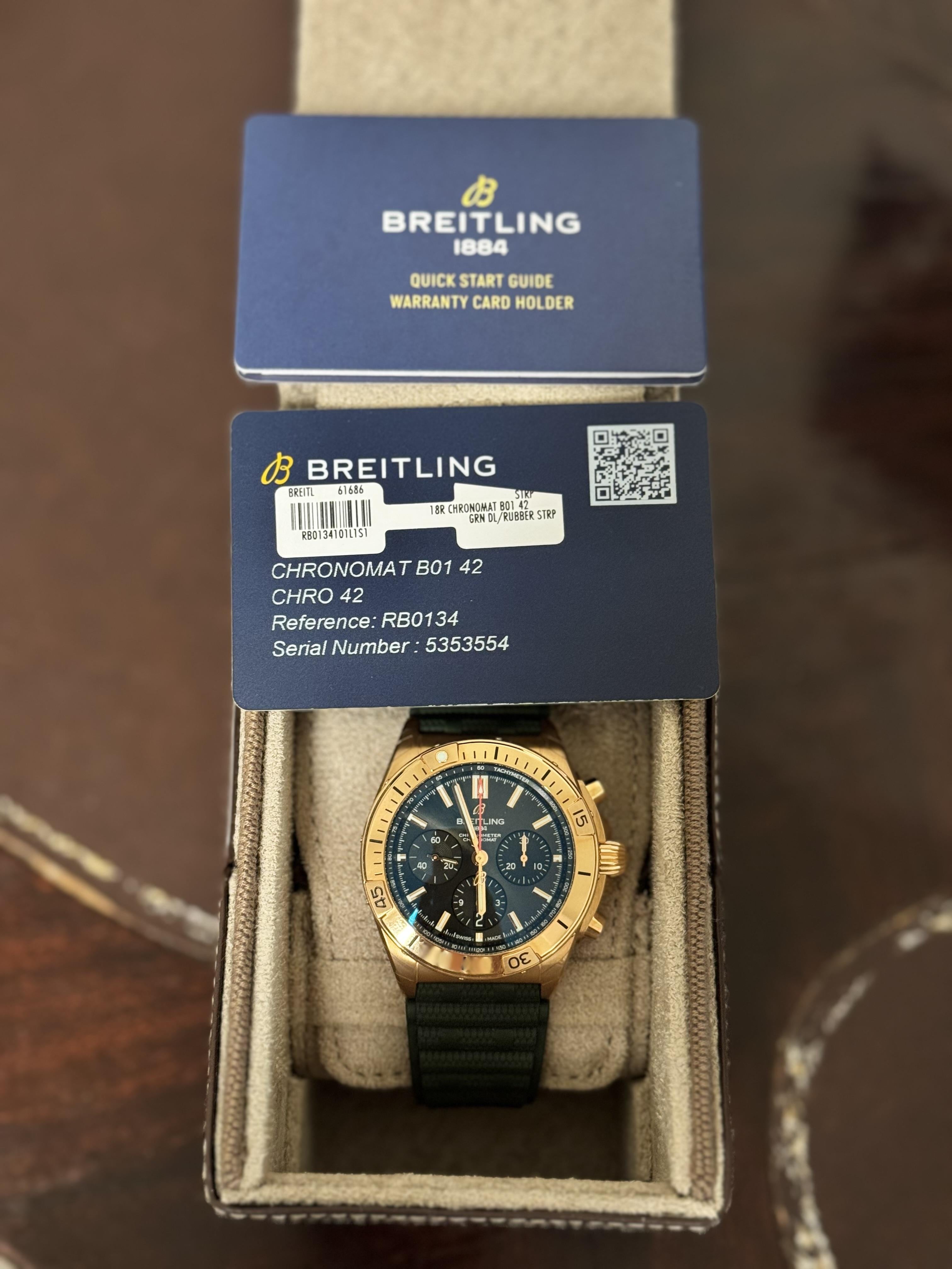 Breitling Chronomat B01 42mm Chronograph 18k Rose Gold Watch RB0134