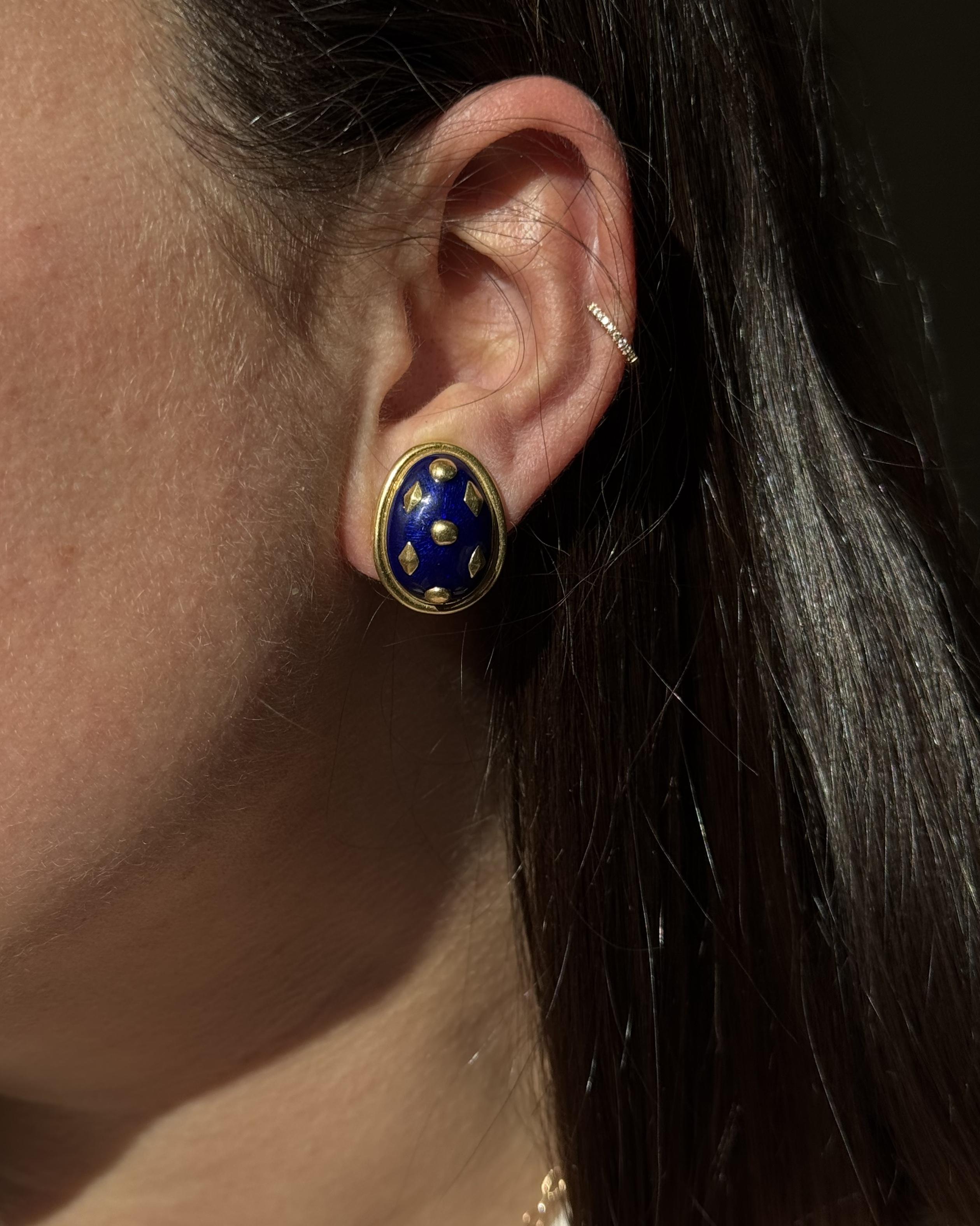 Tiffany & Co Schlumberger Blue Enamel Gold Lozenge Earrings