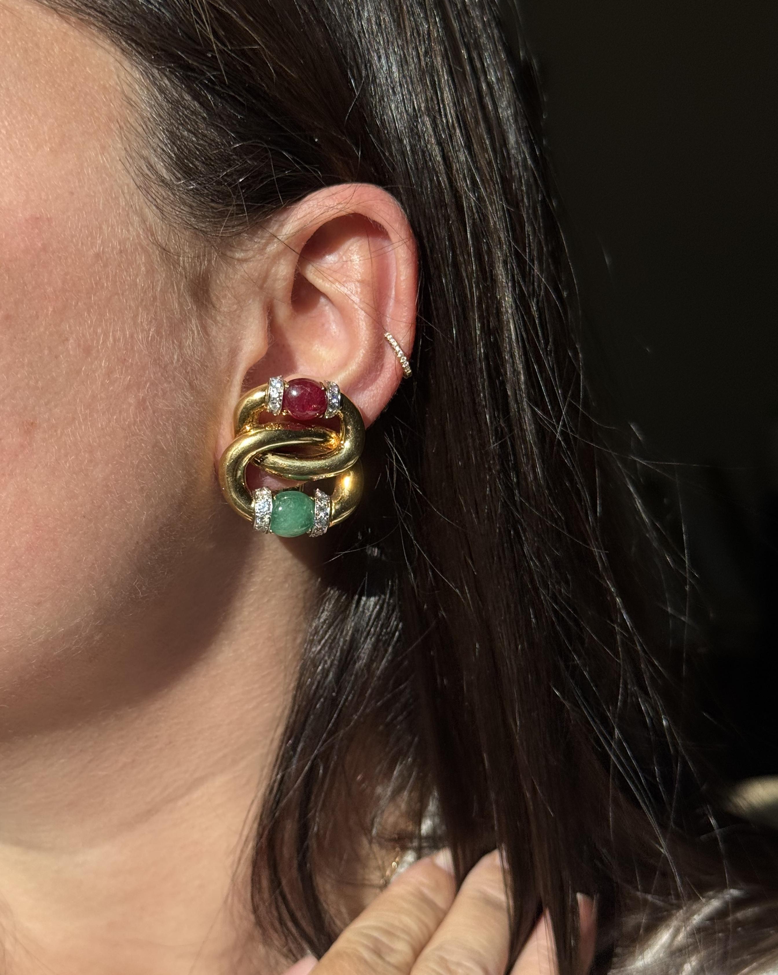 David Webb Emerald Ruby Diamond Gold Platinum Earrings