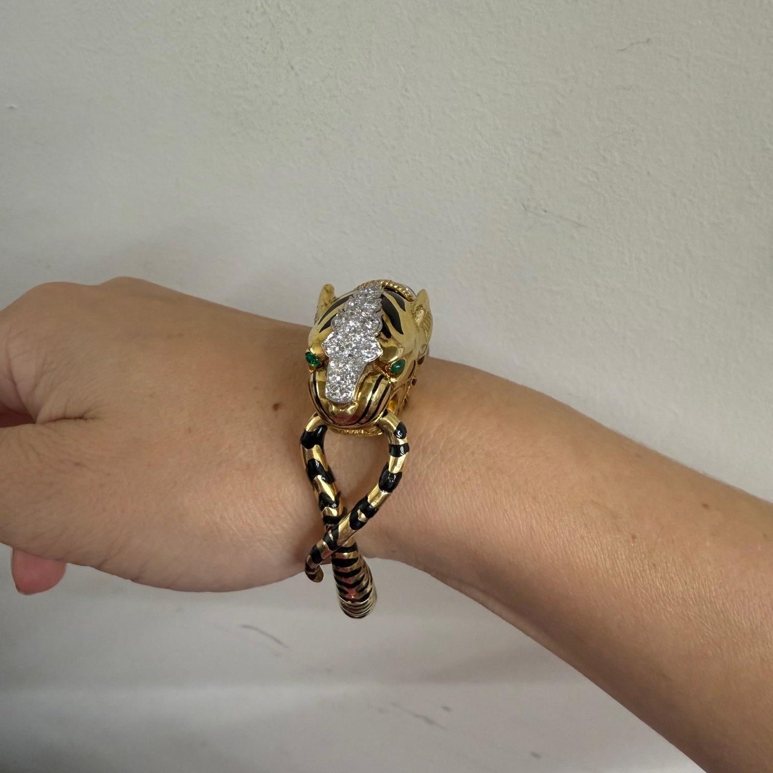 David Webb Diamond Emerald Gold Platinum Enamel Tiger Bracelet