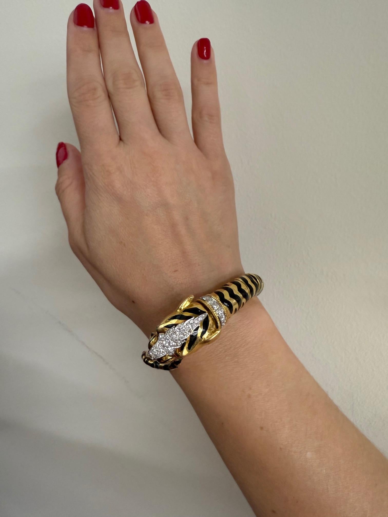 David Webb Diamond Emerald Gold Platinum Enamel Tiger Bracelet