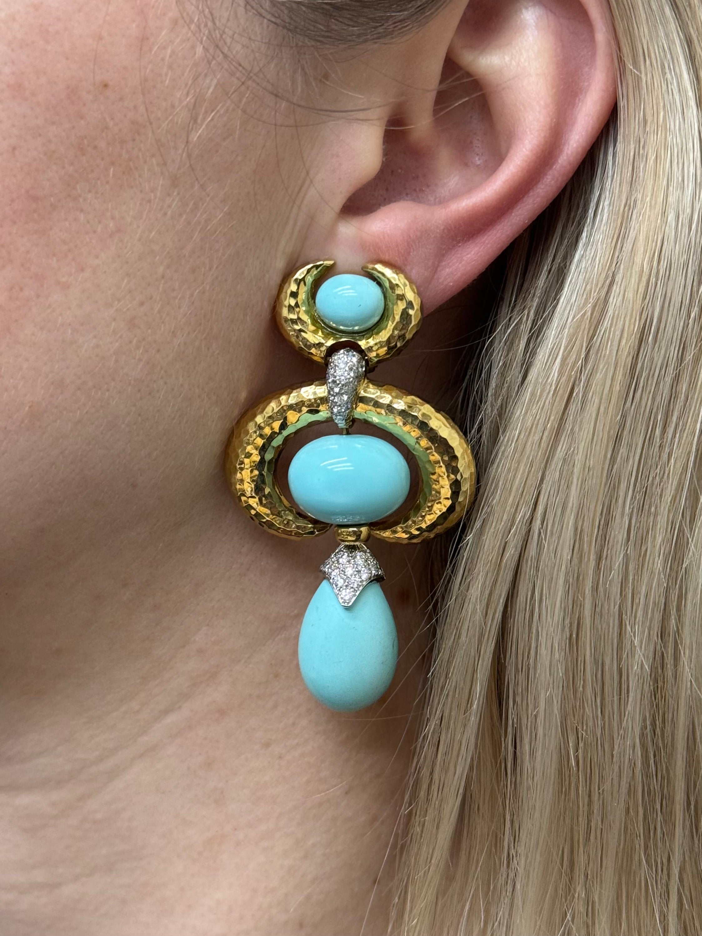 David Webb Diamond Turquoise Gold Platinum Double Crescent Pear Earrings