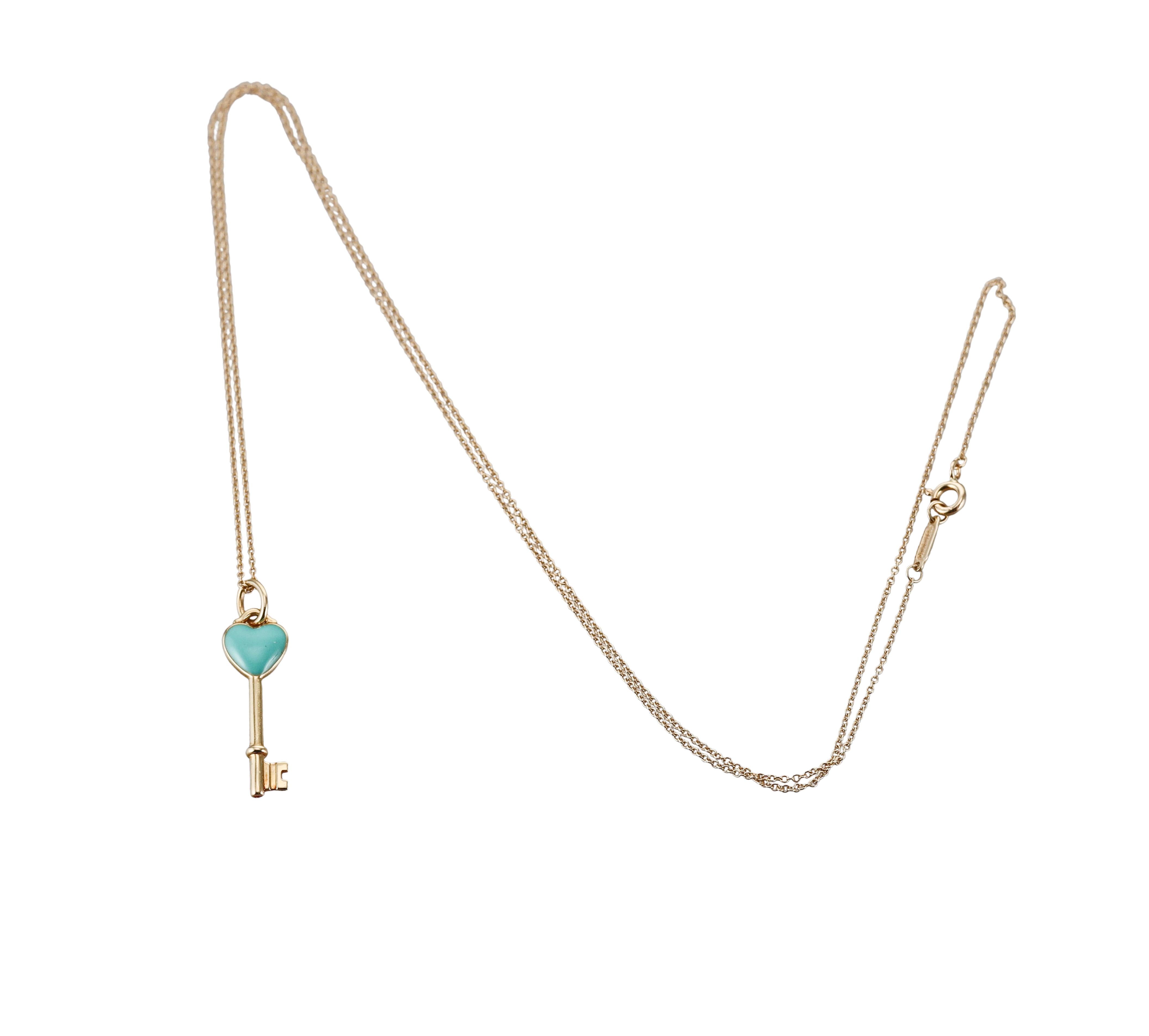 Tiffany & Co Blue Enamel Heart Key Gold Pendant Necklace