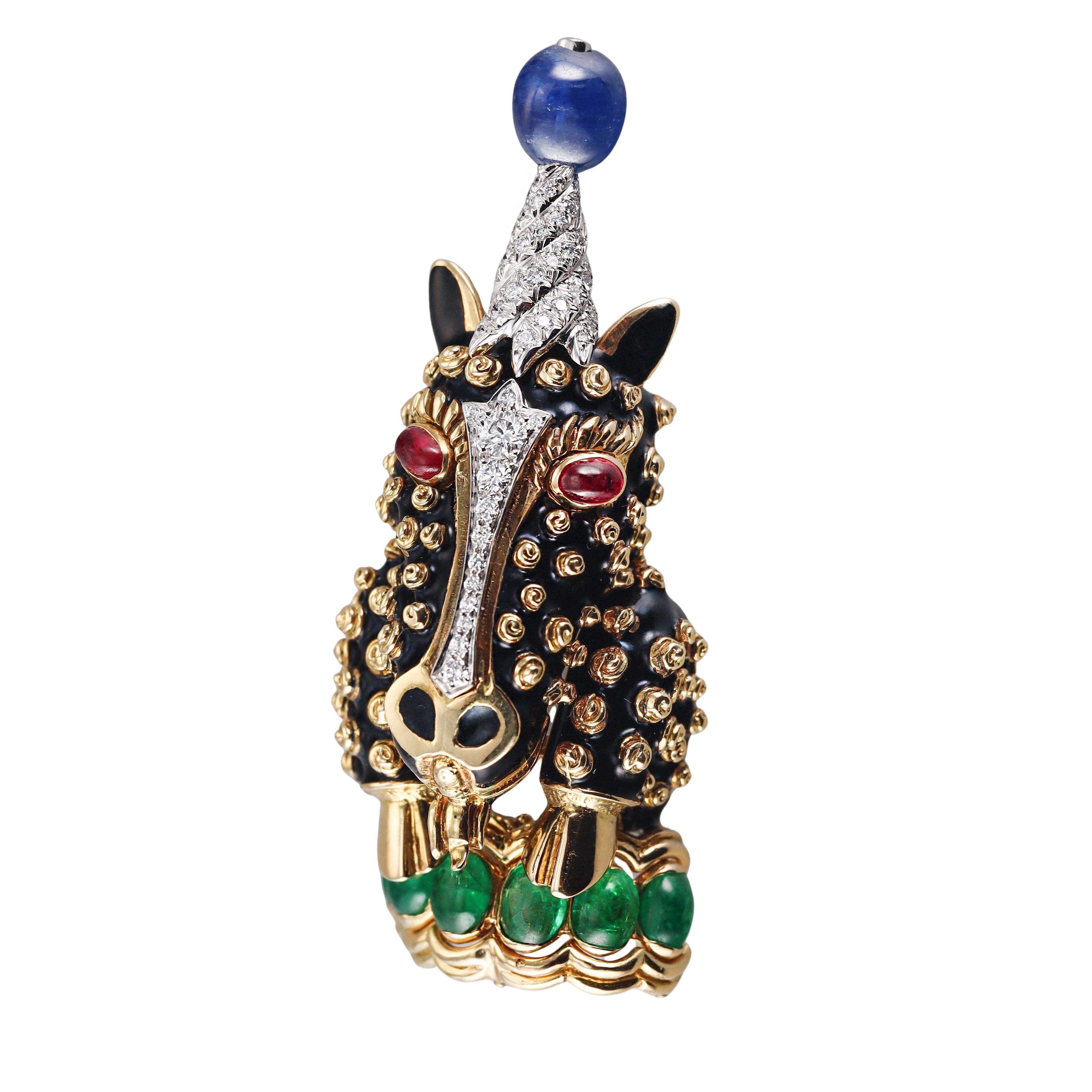 David Webb Unicorn Emerald Sapphire Diamond Ruby Enamel Gold Platinum Brooch