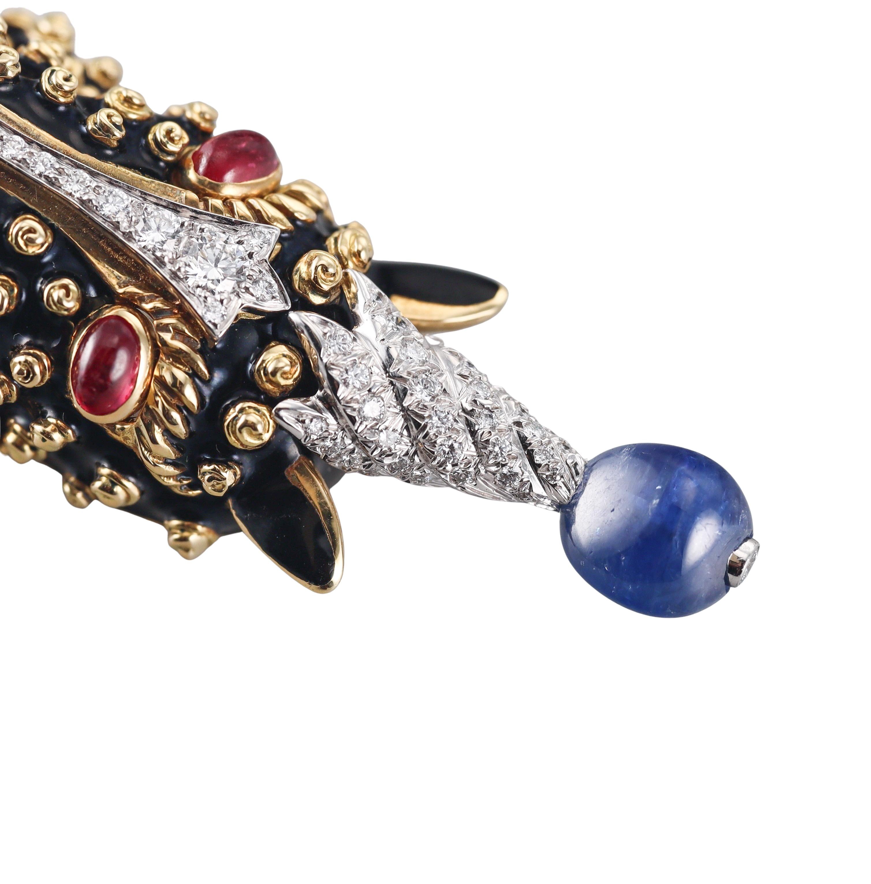 David Webb Unicorn Emerald Sapphire Diamond Ruby Enamel Gold Platinum Brooch