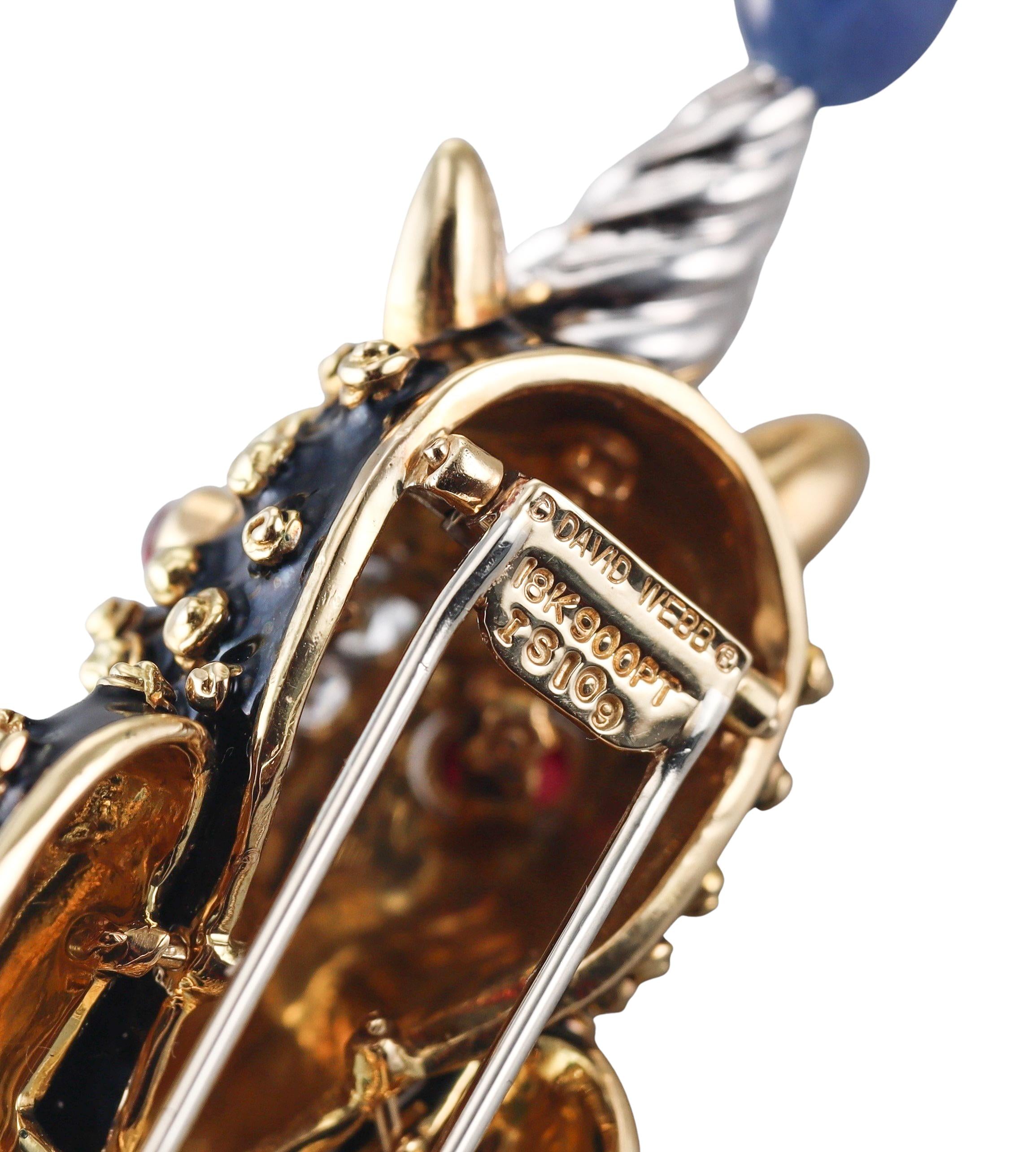 David Webb Unicorn Emerald Sapphire Diamond Ruby Enamel Gold Platinum Brooch