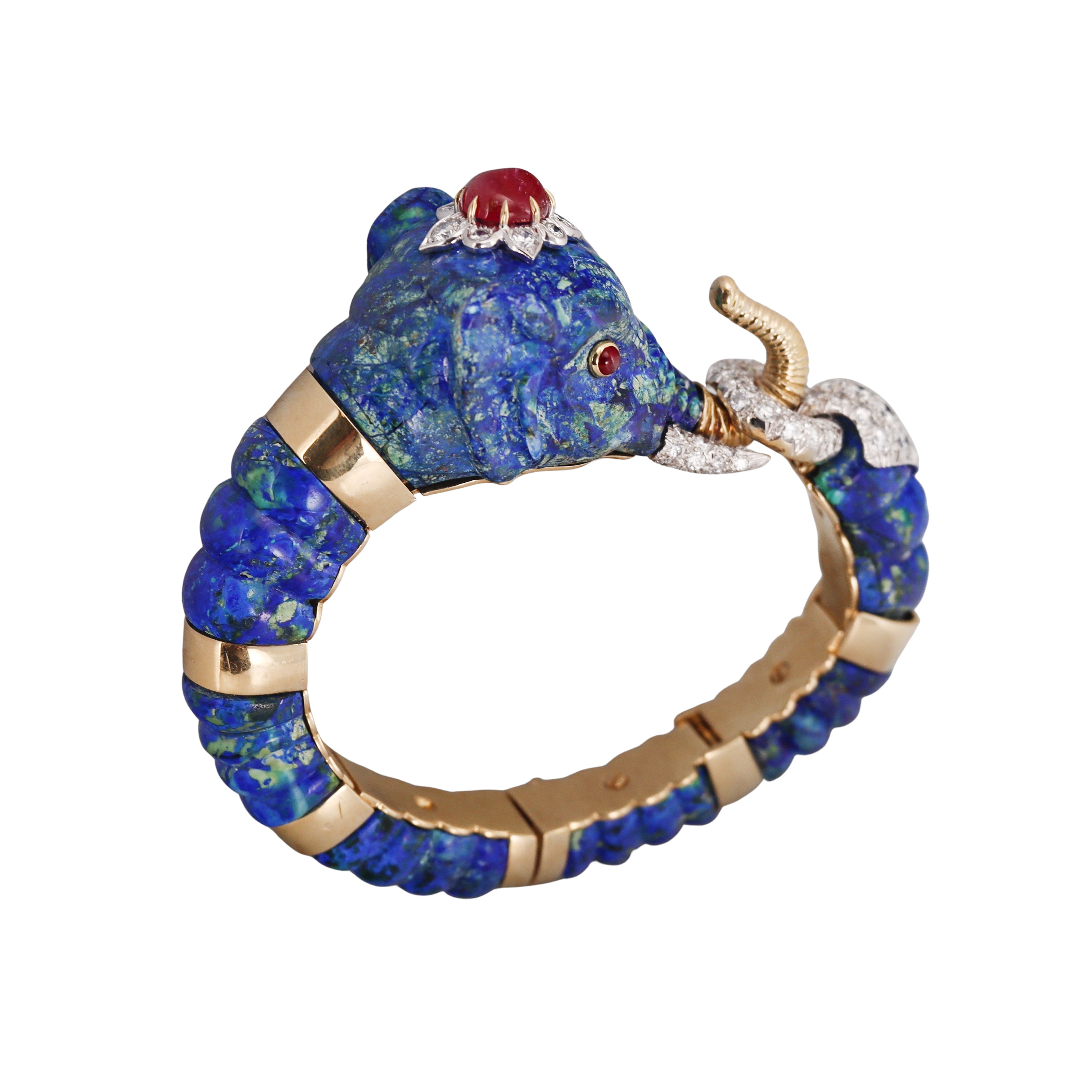 David Webb Diamond Ruby Azurmalachite Gold Platinum Elephant Bracelet