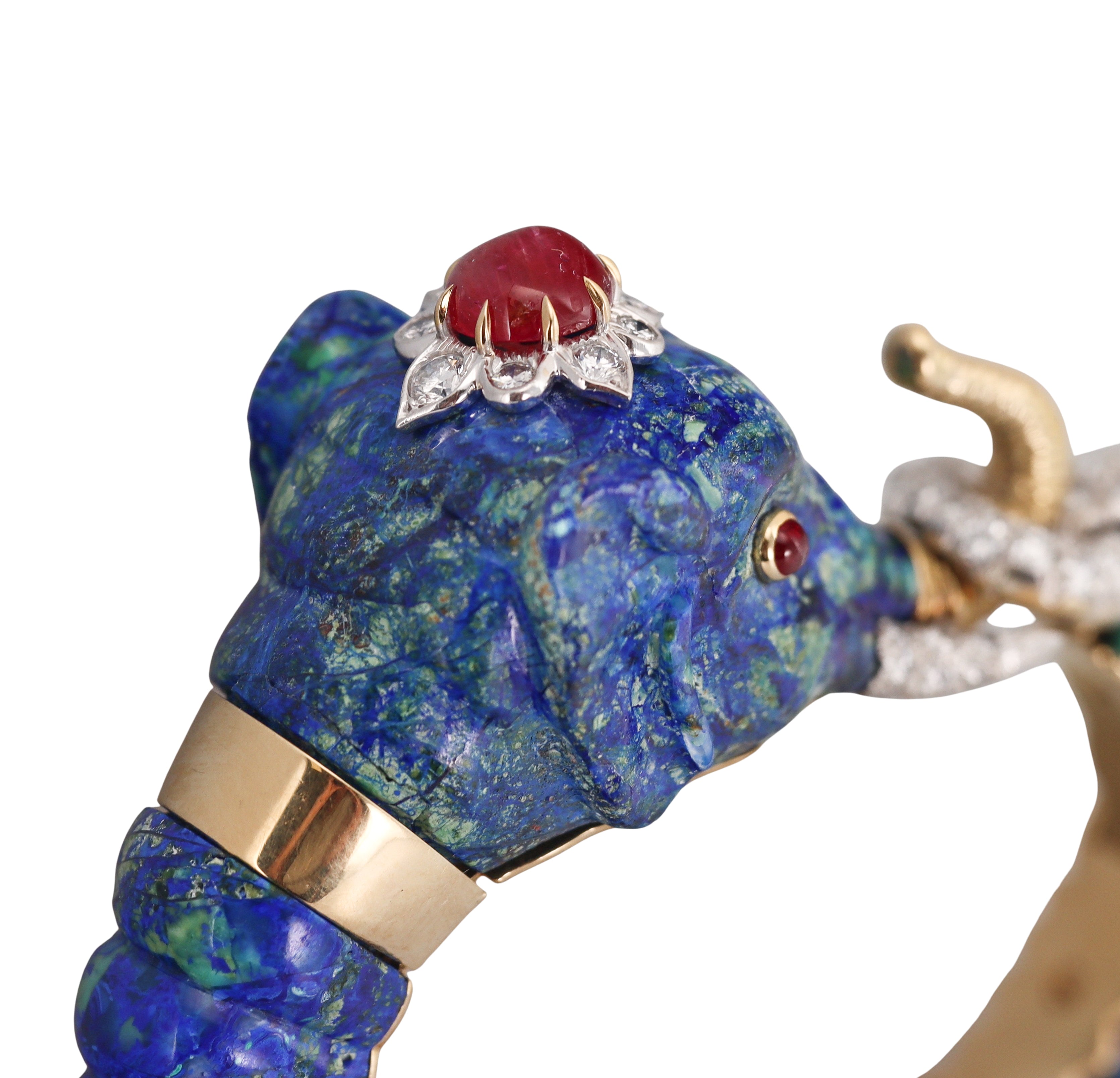 David Webb Diamond Ruby Azurmalachite Gold Platinum Elephant Bracelet