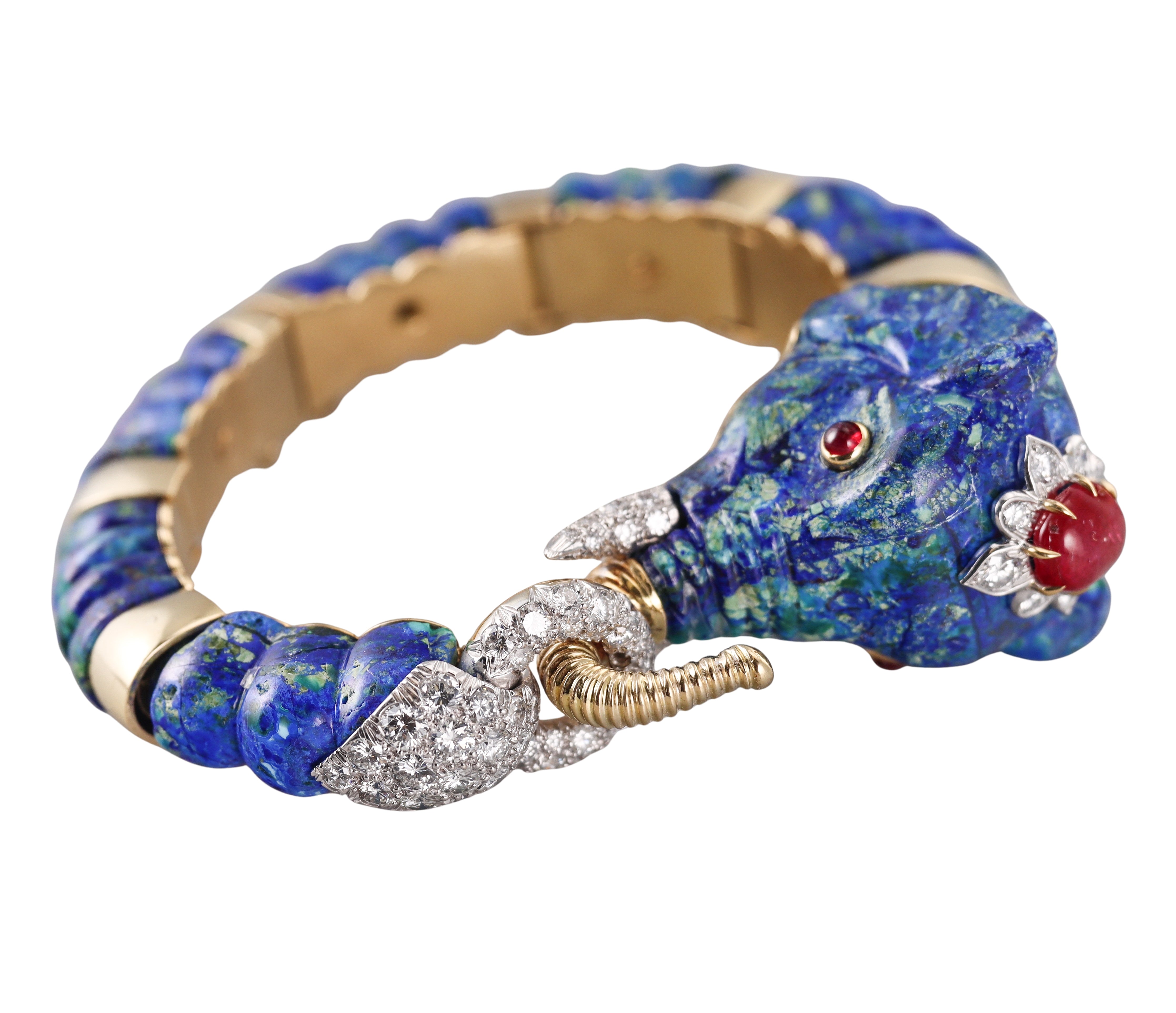David Webb Diamond Ruby Azurmalachite Gold Platinum Elephant Bracelet