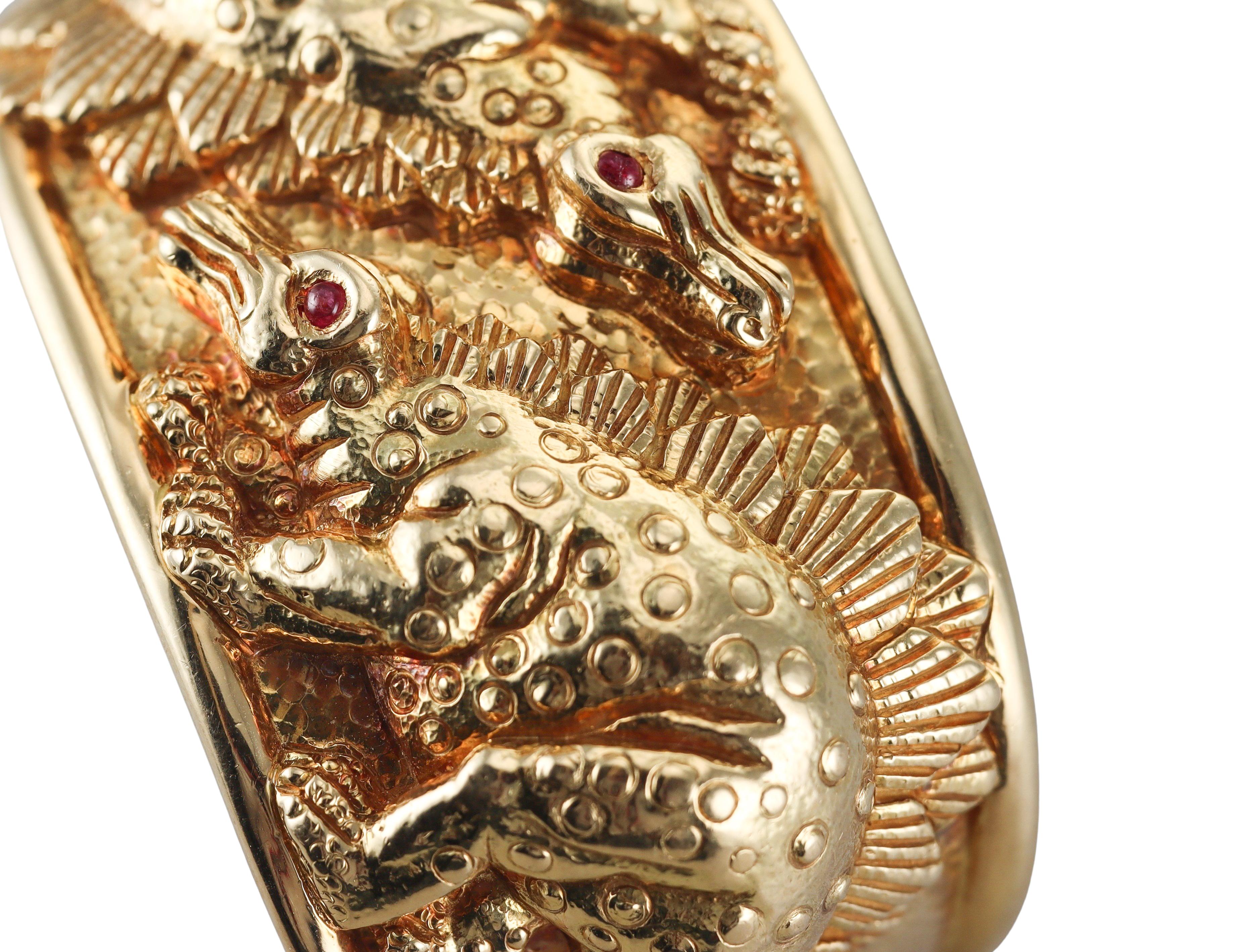 David Webb Repousse Ruby Gold Stegosaurus Repousse Cuff Bracelet