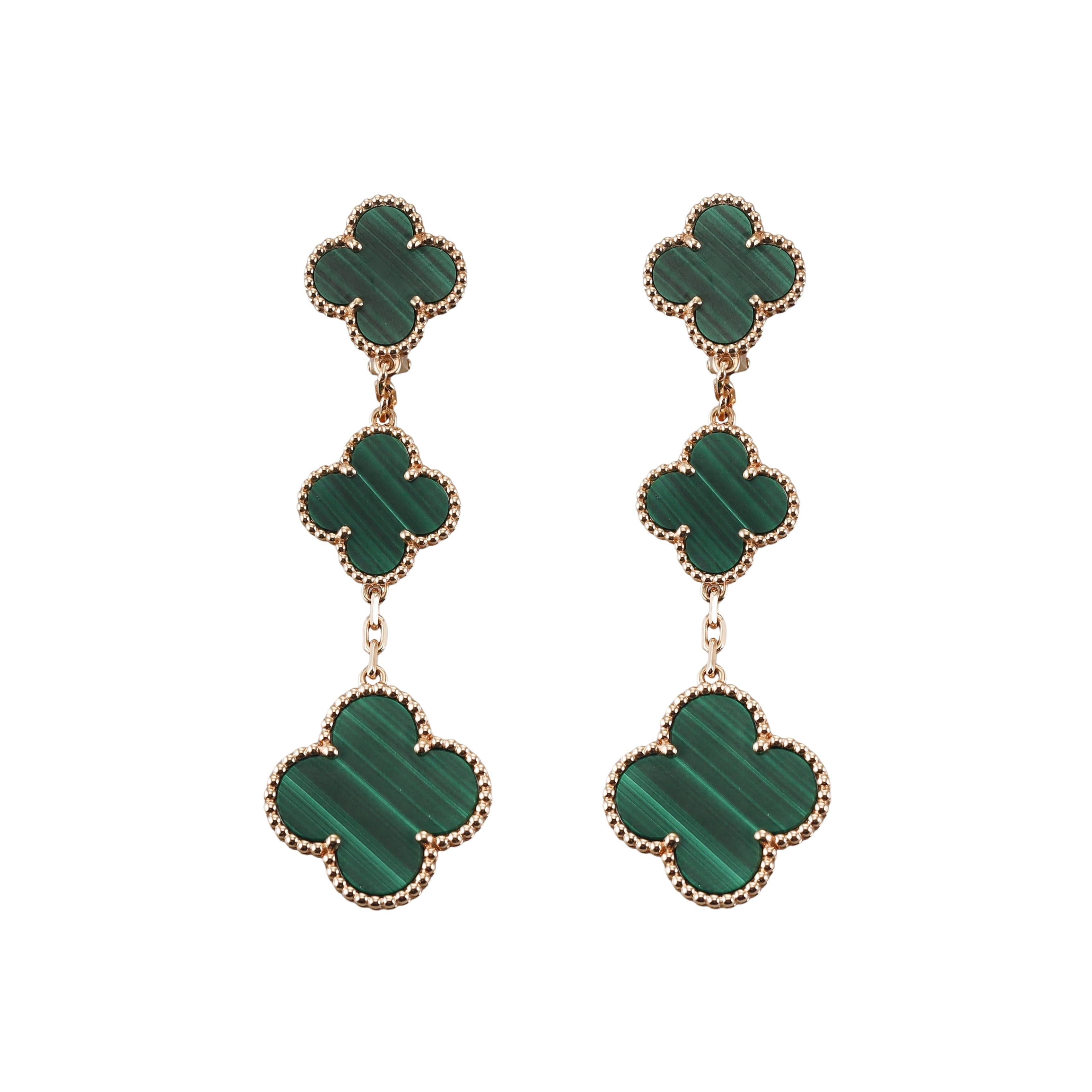 Van Cleef & Arpels Magic Alhambra 3 Motifs Malachite Gold Earrings