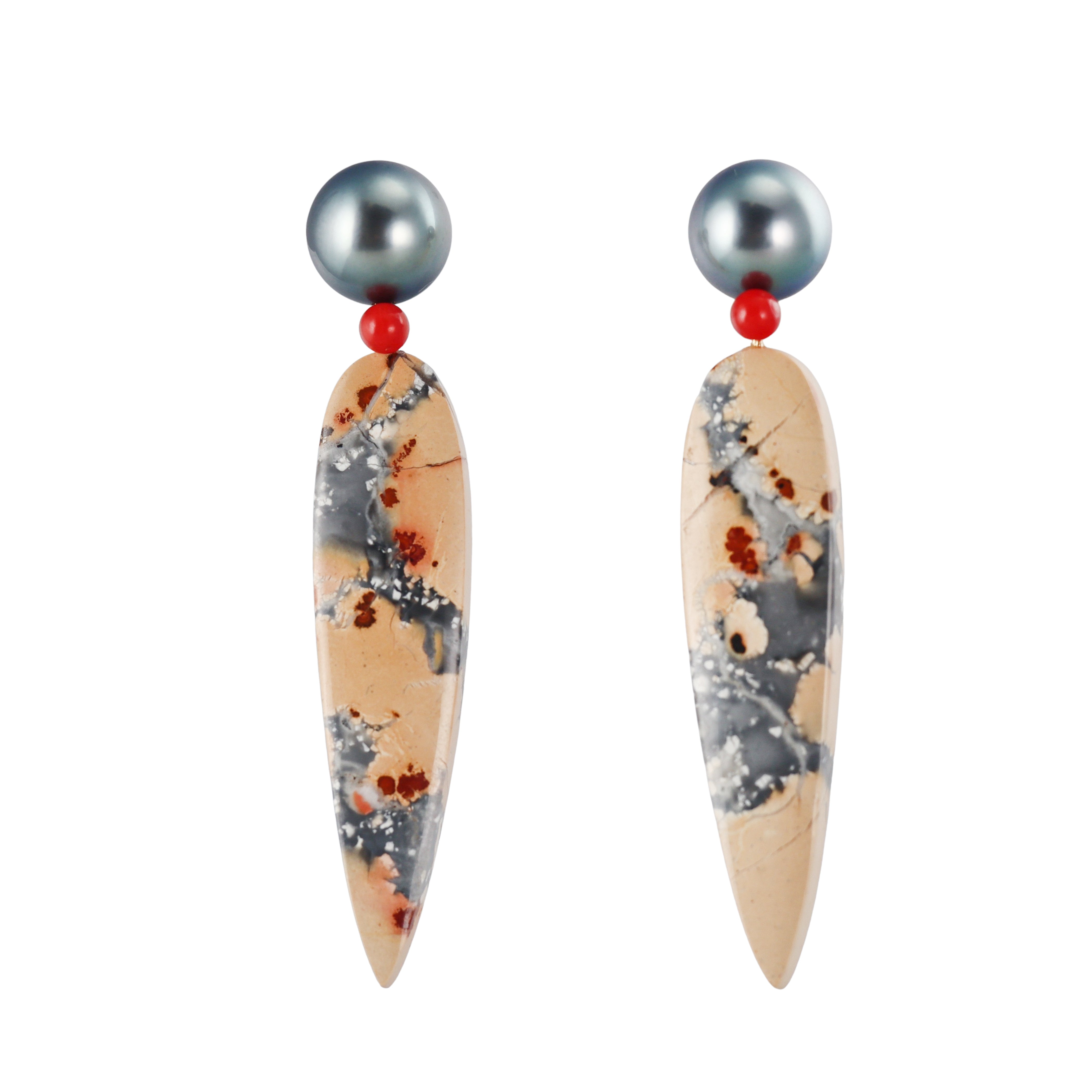 Assael Tahitian Pearl Coral Maligano Jasper Gold Earrings