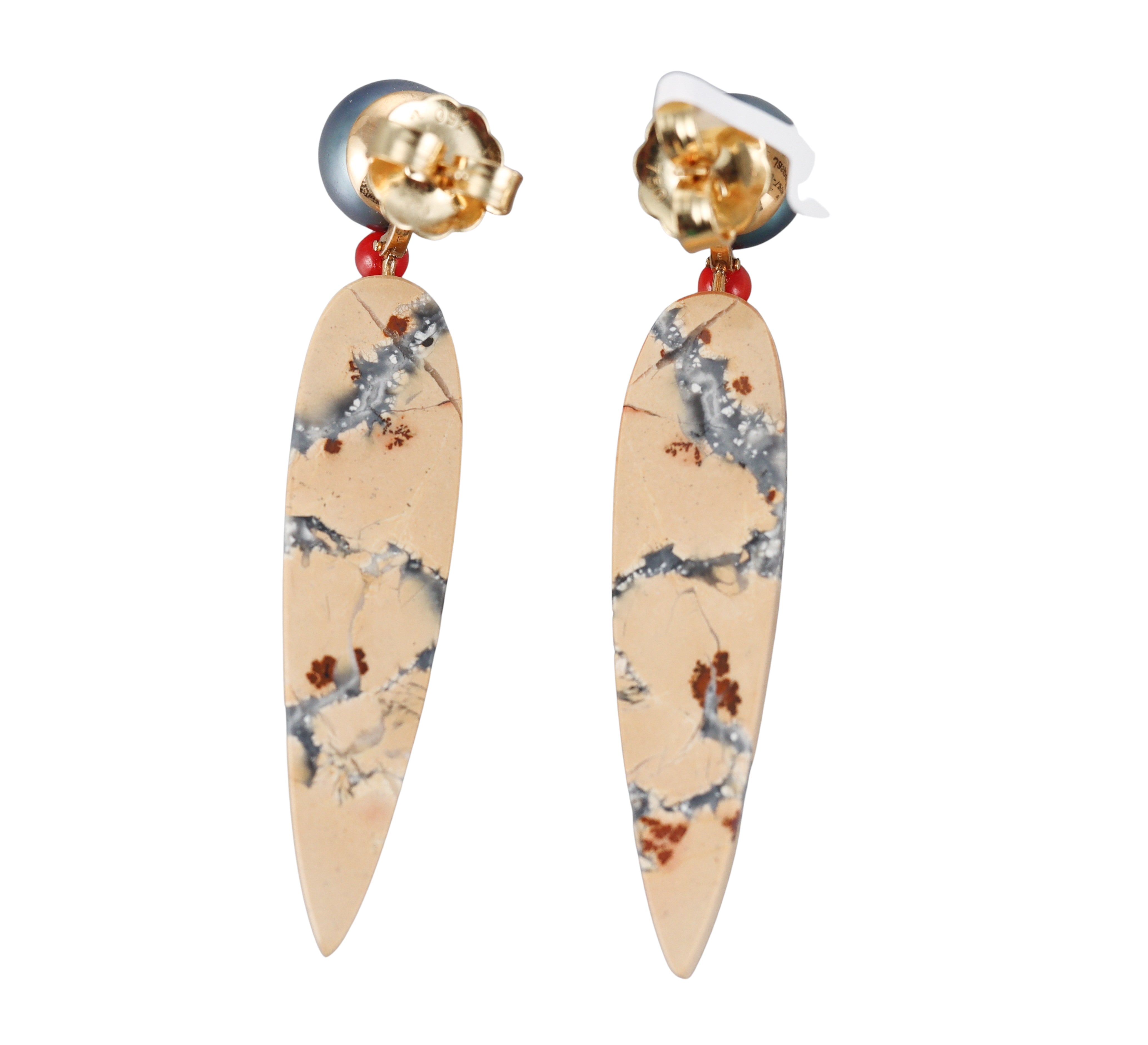 Assael Tahitian Pearl Coral Maligano Jasper Gold Earrings