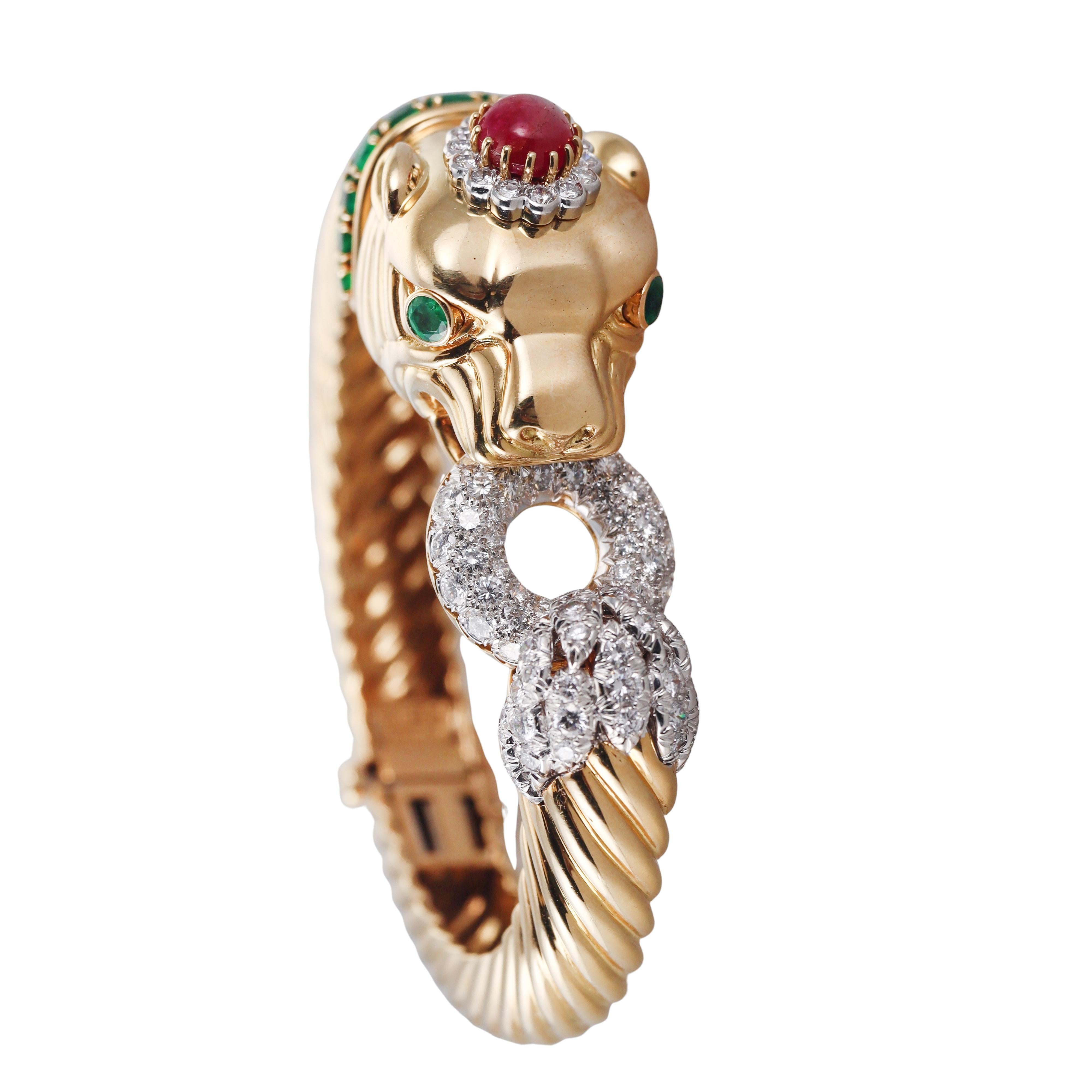 David Webb Diamond Emerald Ruby Gold Platinum Panther Bracelet