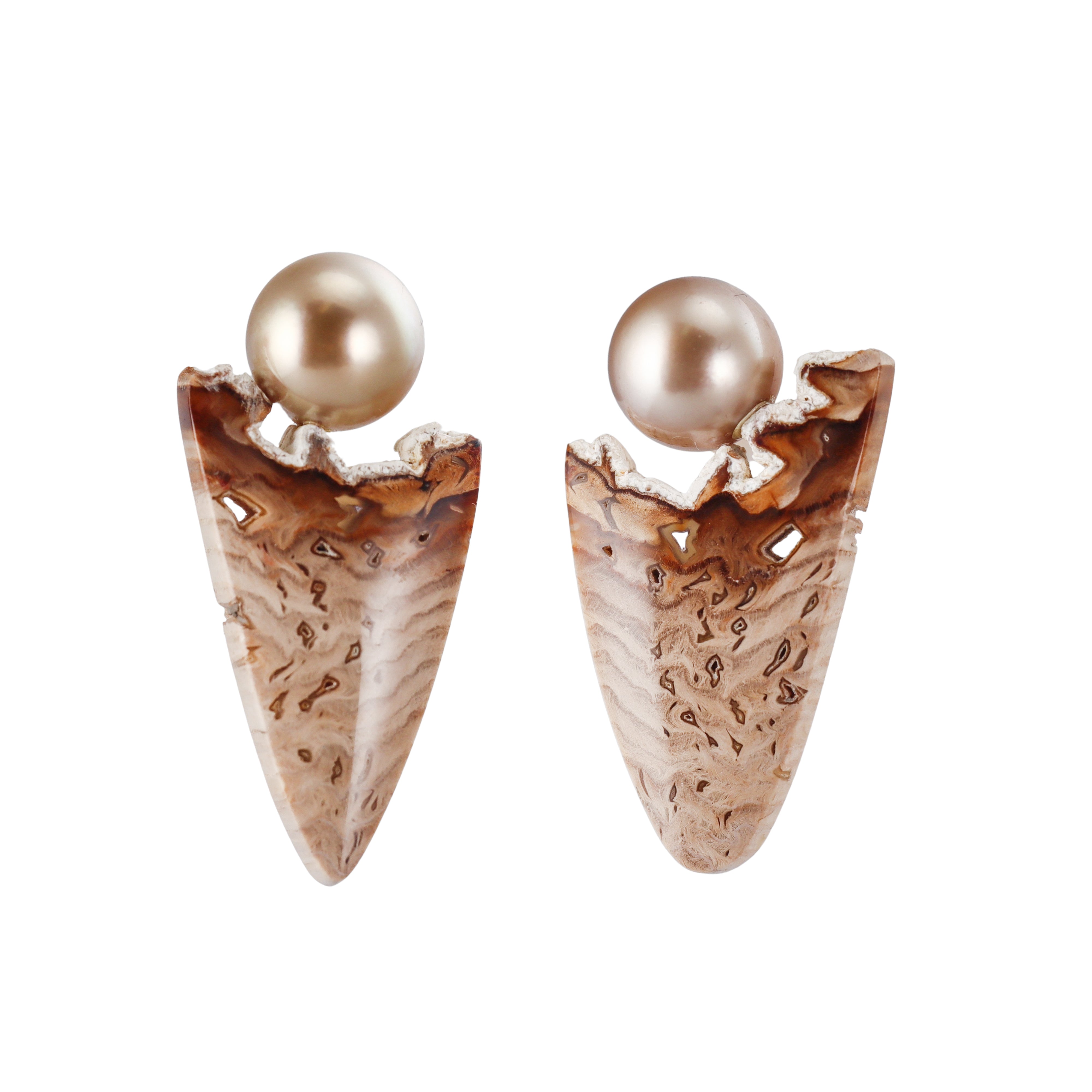 Assael Golden Pearl Petrified Wood Gold Earrings