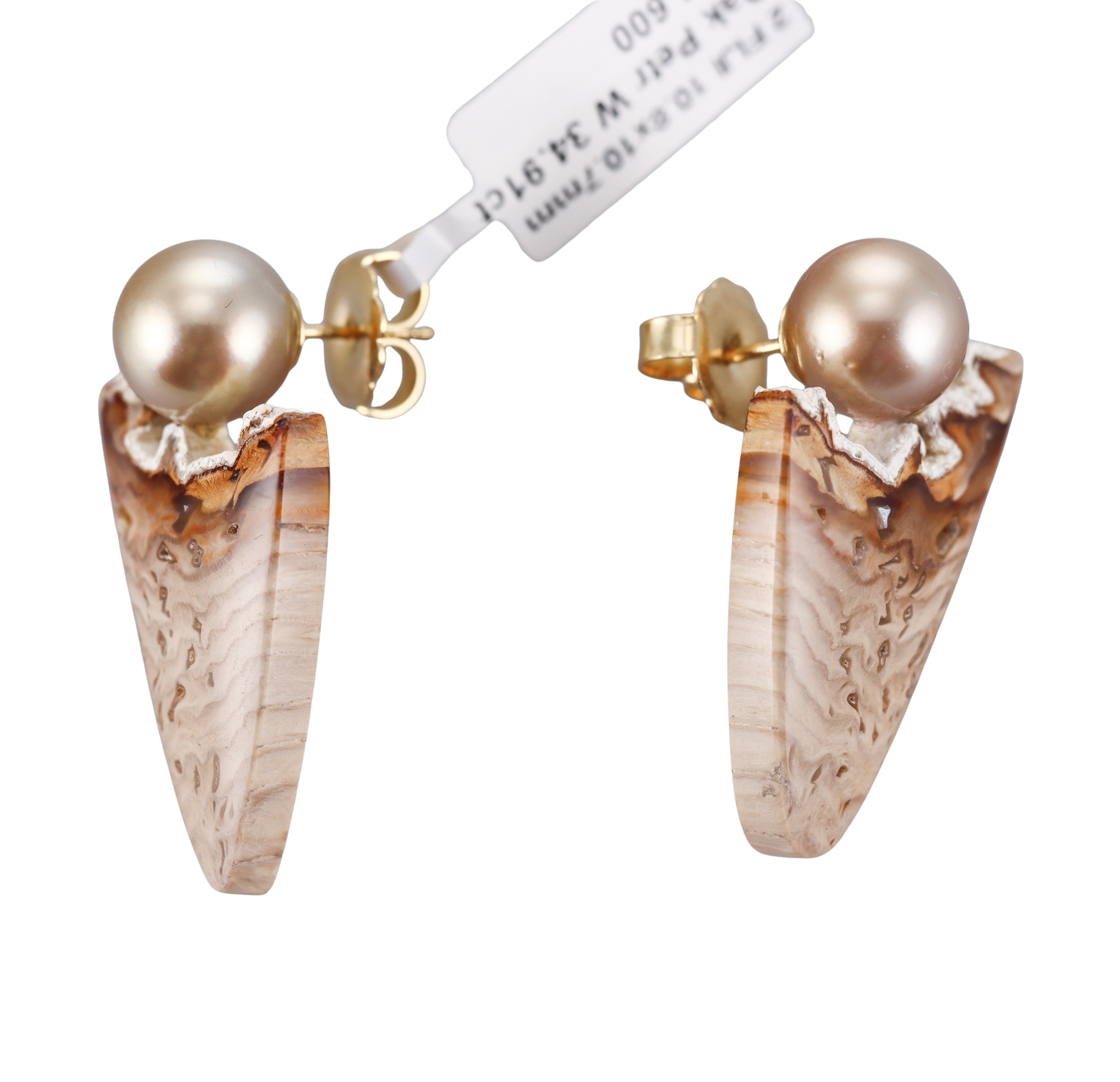 Assael Golden Pearl Petrified Wood Gold Earrings