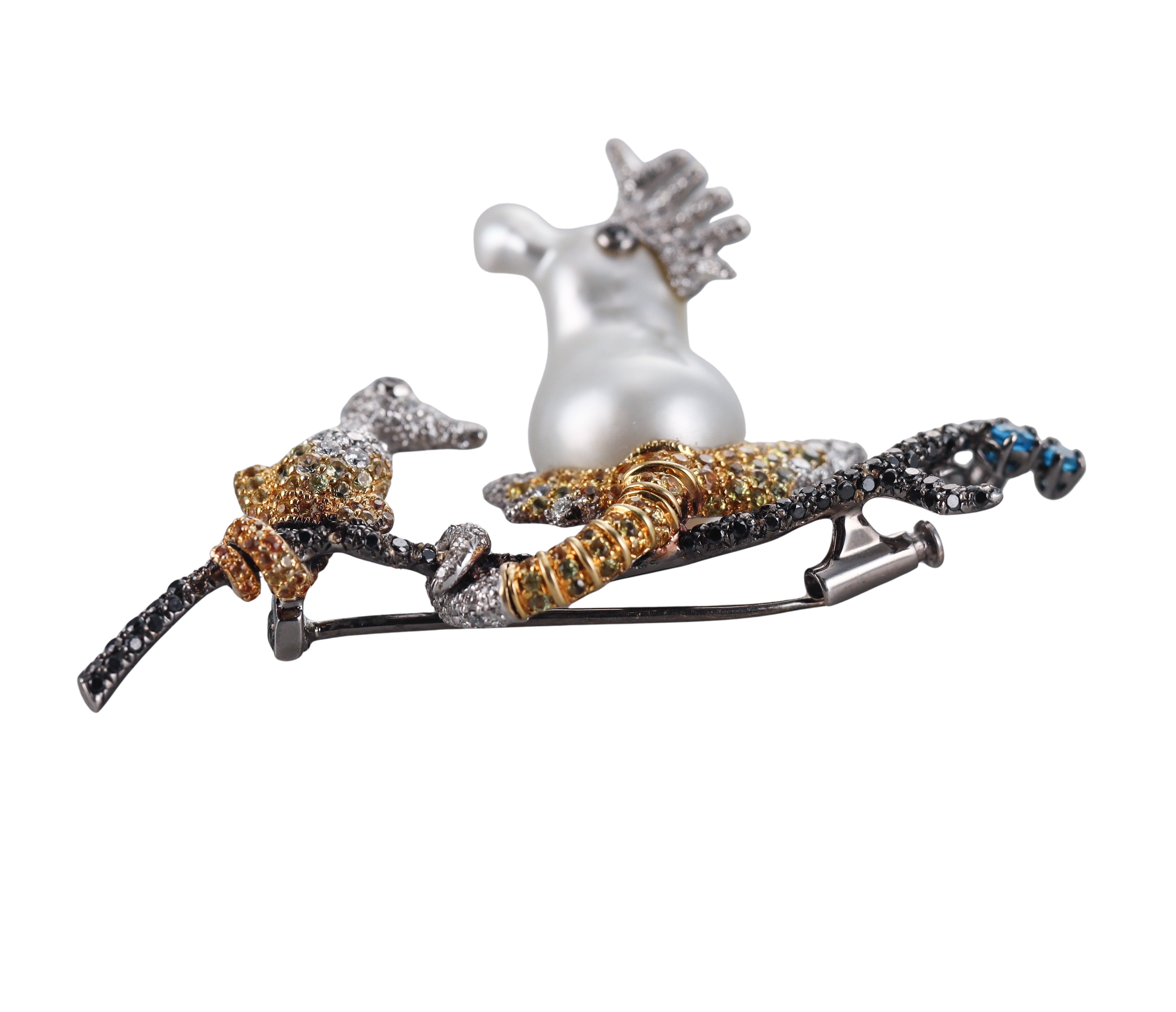 Assael Diamond Sapphire Apatite Baroque Pearl Gold Sea Creature Brooch