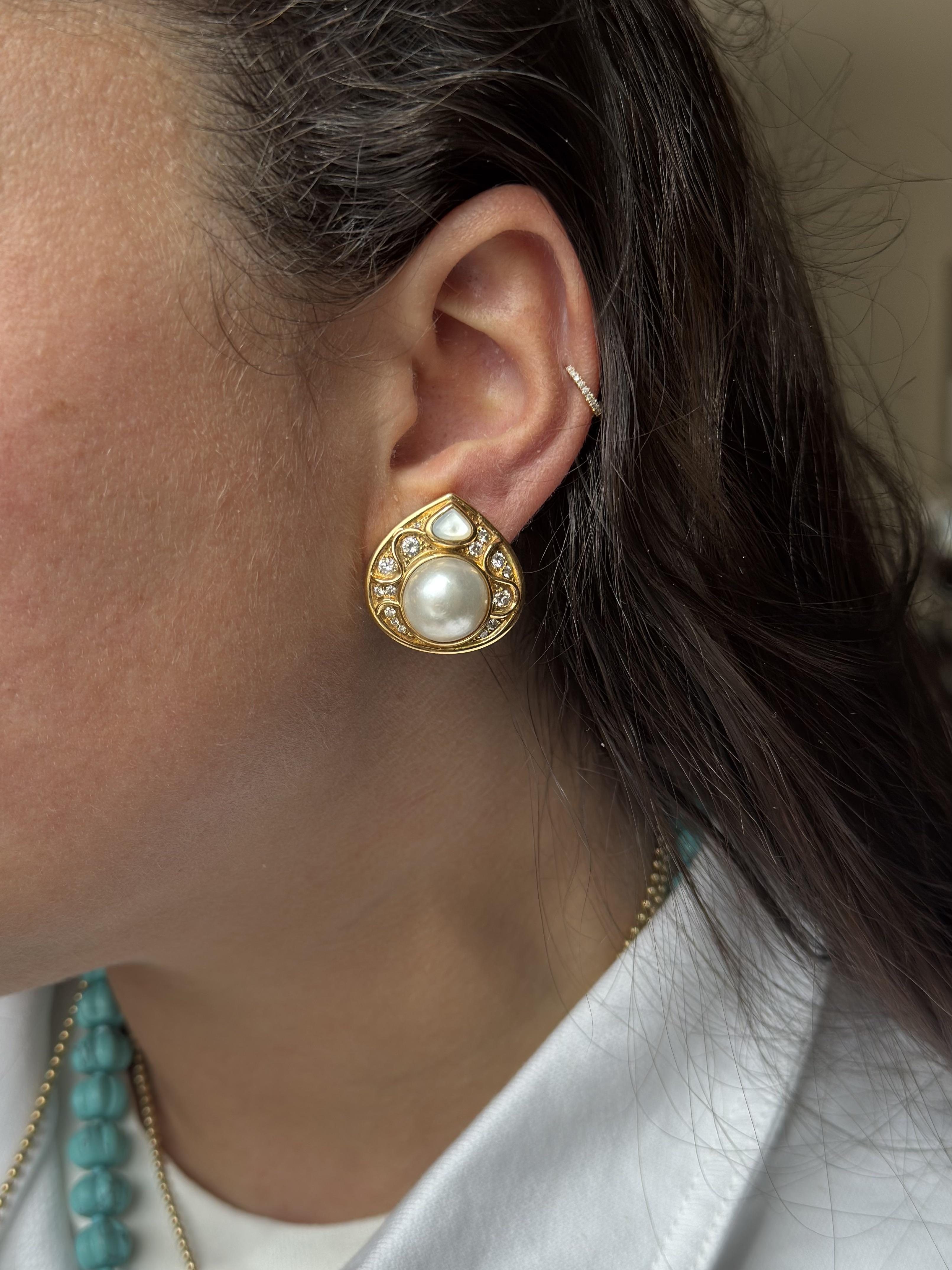 Vintage Marina B. France Pearl Diamond Gold Earrings