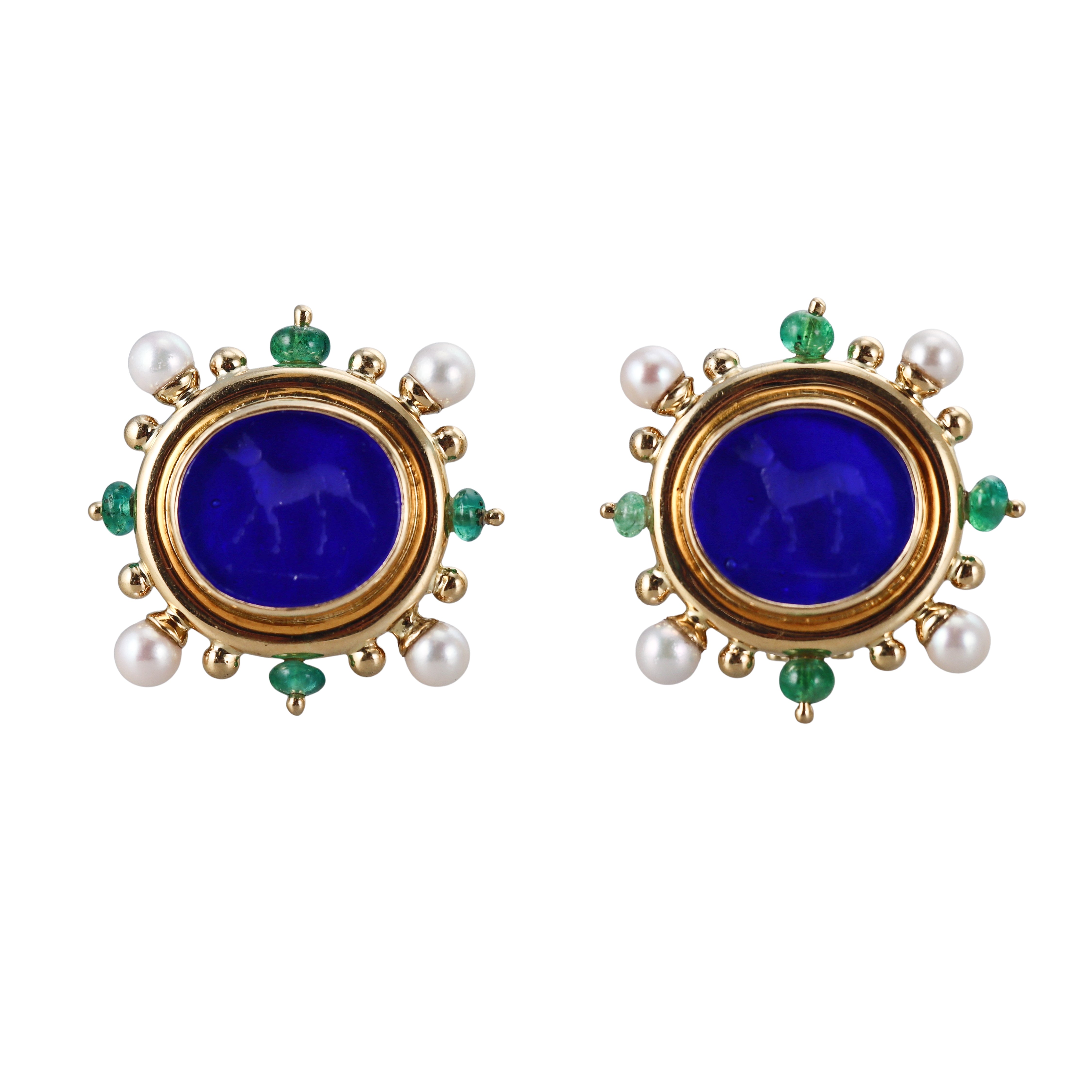 Elizabeth Locke Venetian Glass Intaglio Emerald Pearl Gold Earrings