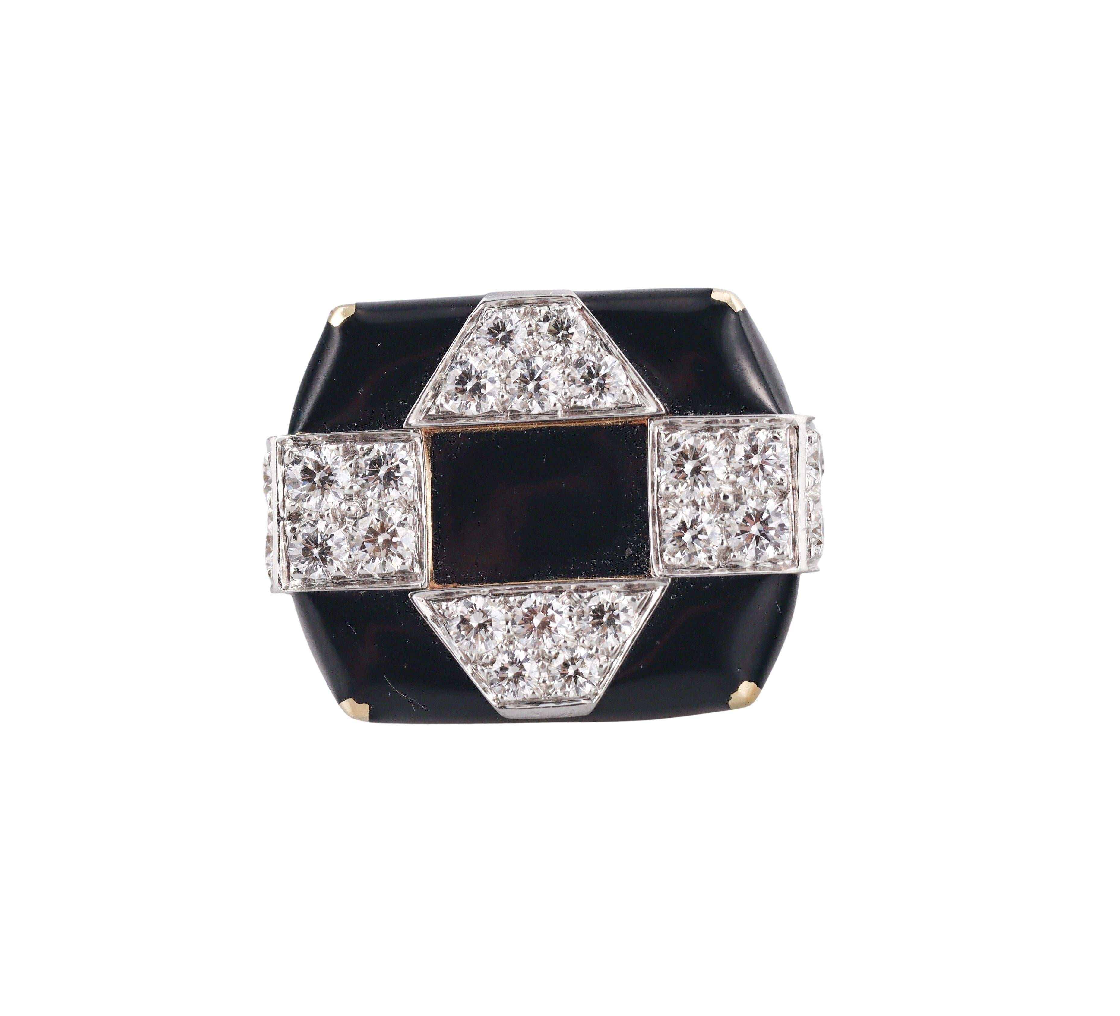 David Webb Checkerboard Diamond Enamel Gold Platinum Ring