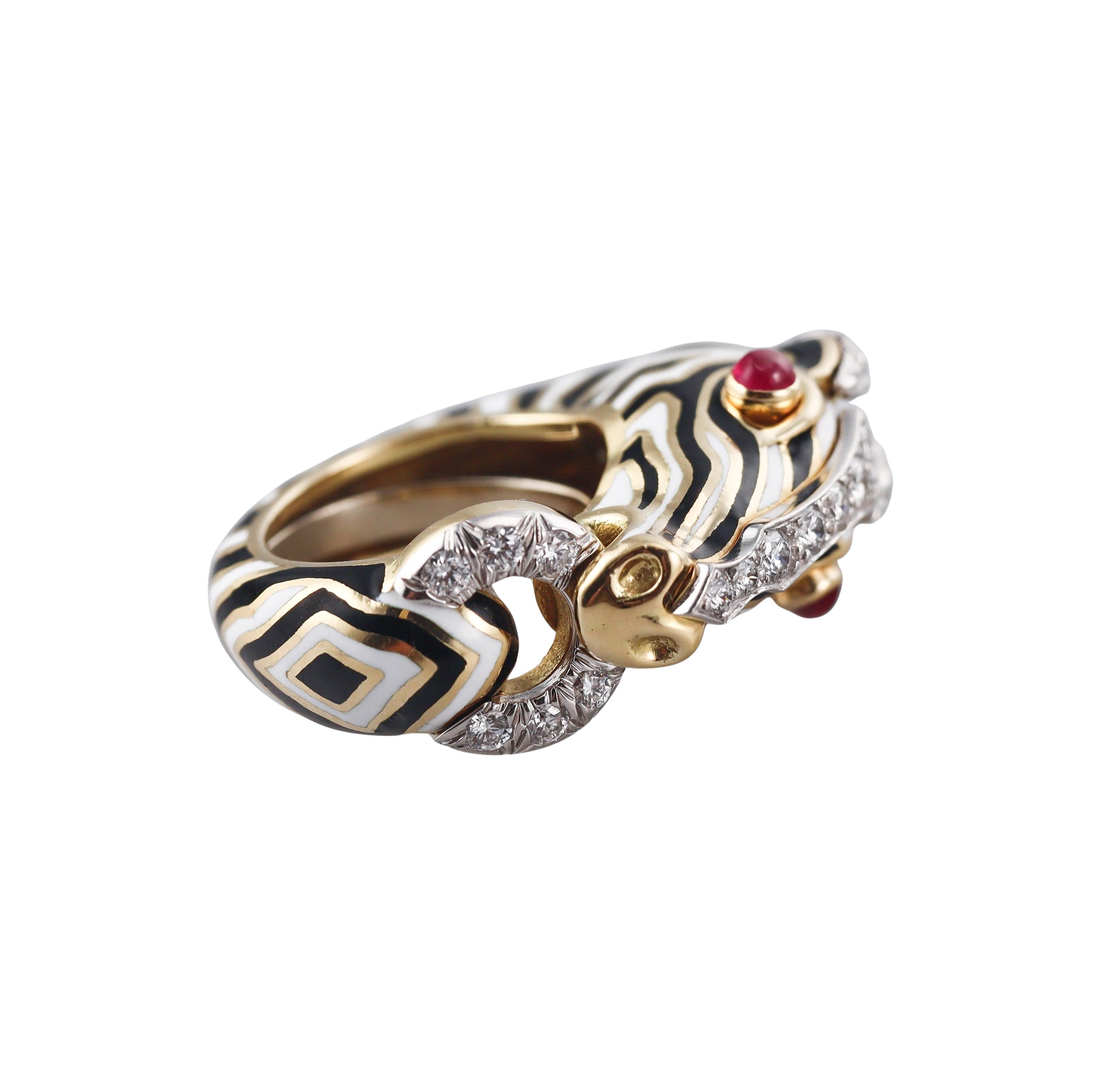 David Webb Zebra Diamond Ruby Enamel Gold Platinum Ring