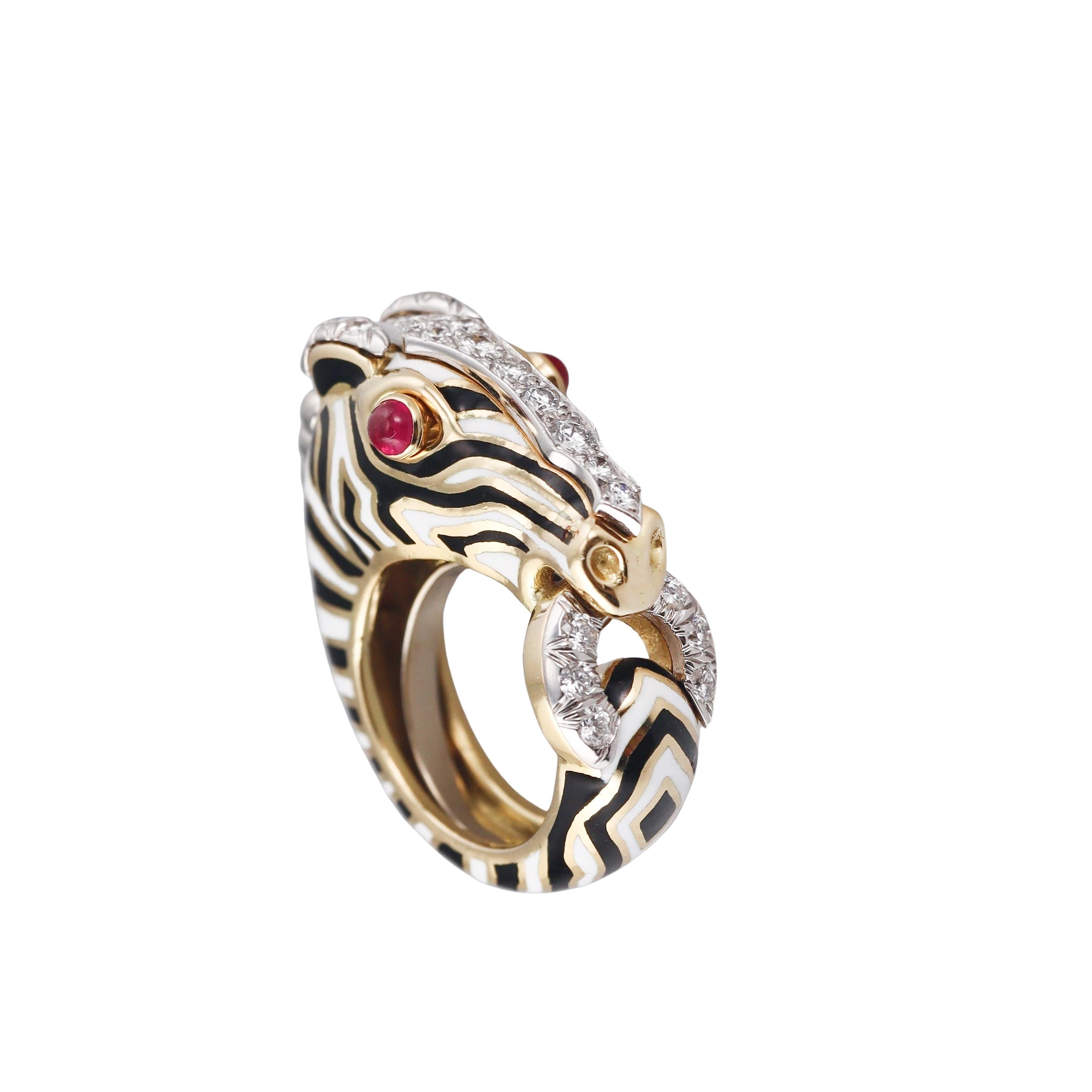 David Webb Zebra Diamond Ruby Enamel Gold Platinum Ring