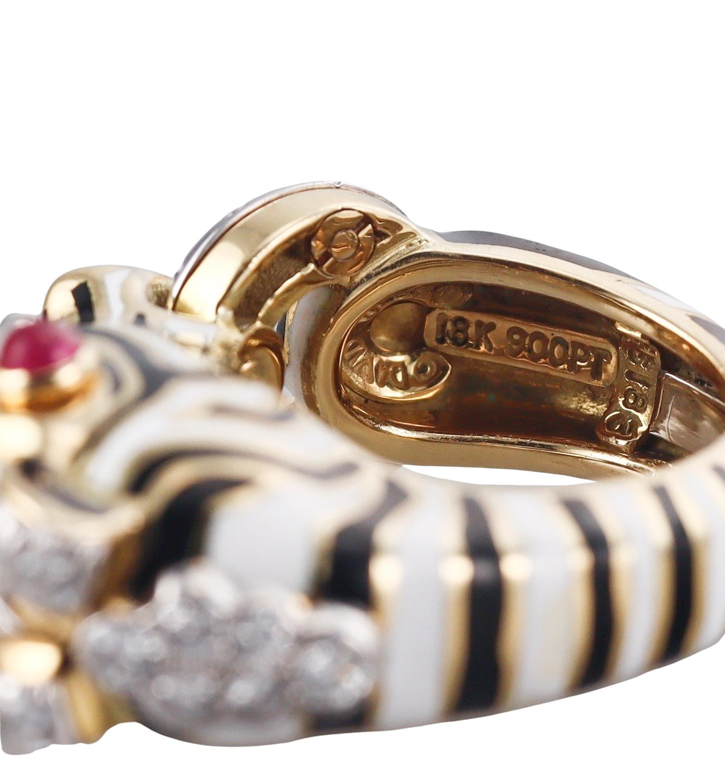 David Webb Zebra Diamond Ruby Enamel Gold Platinum Ring