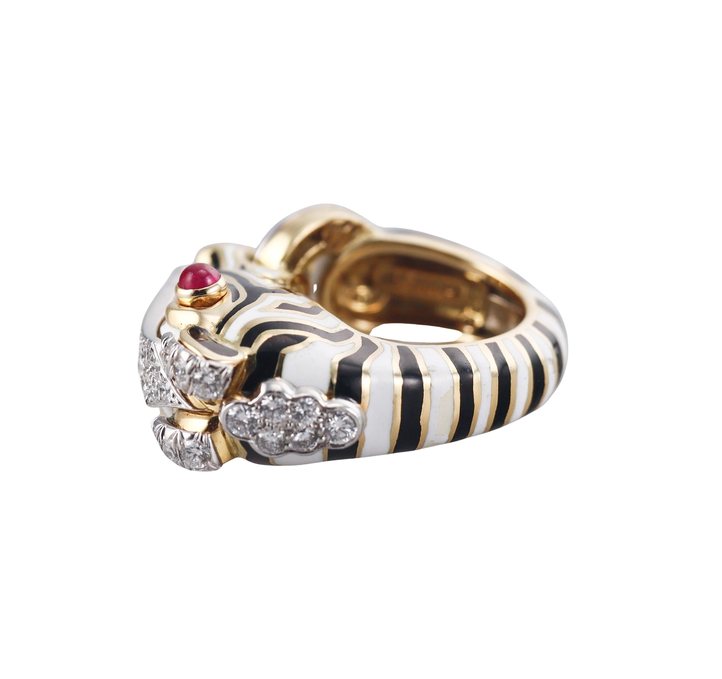David Webb Zebra Diamond Ruby Enamel Gold Platinum Ring