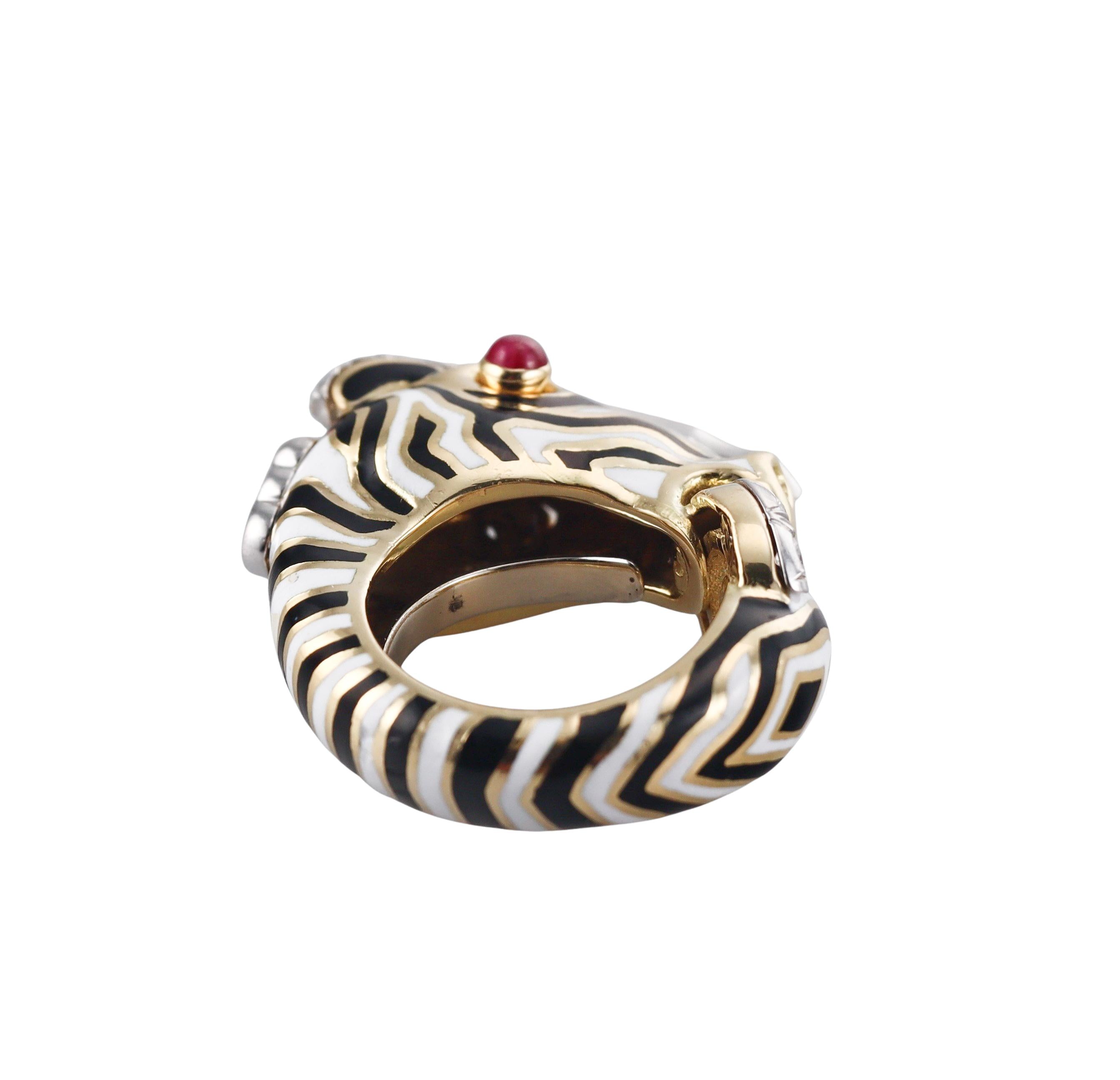 David Webb Zebra Diamond Ruby Enamel Gold Platinum Ring