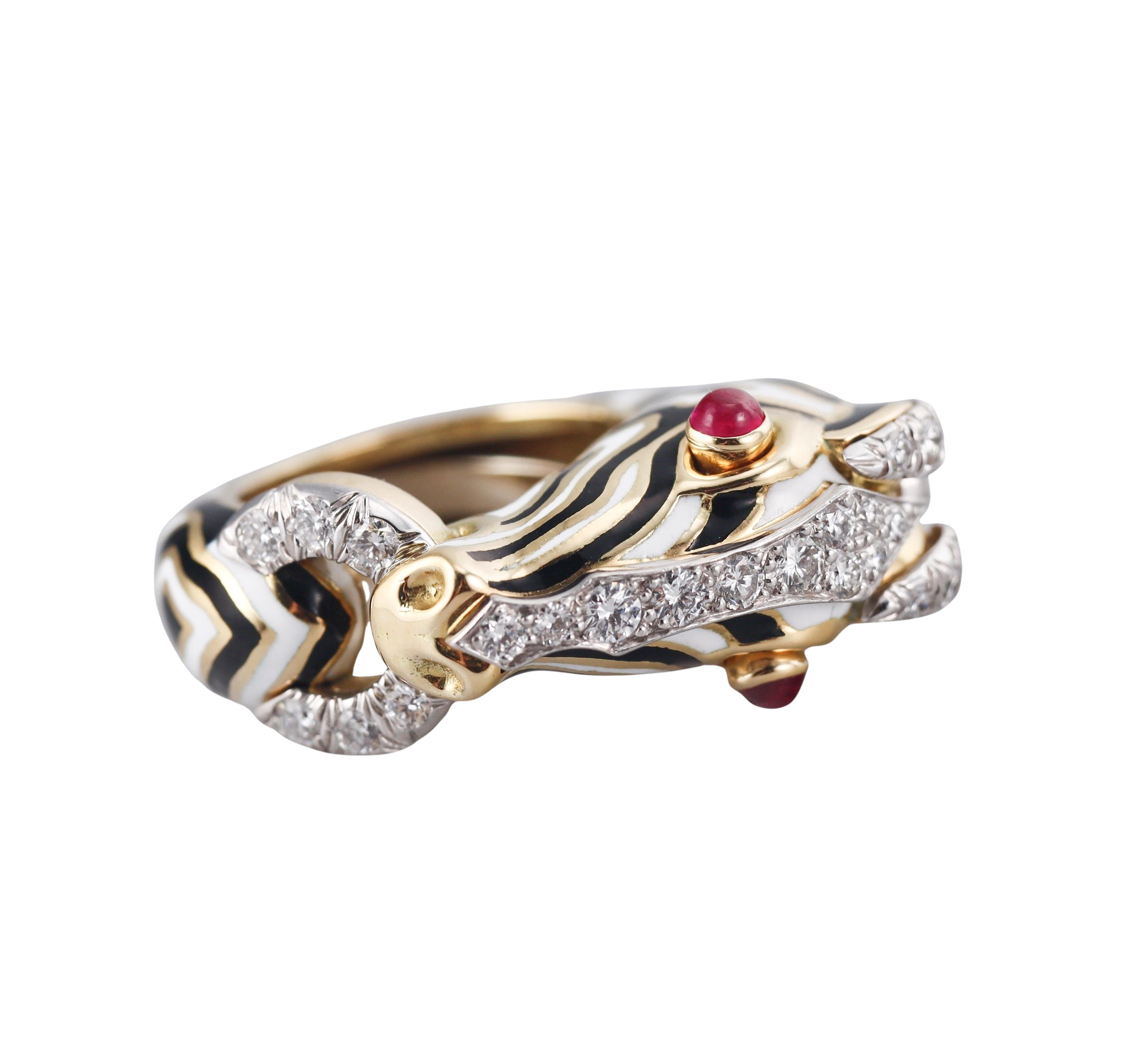 David Webb Zebra Diamond Ruby Enamel Gold Platinum Ring