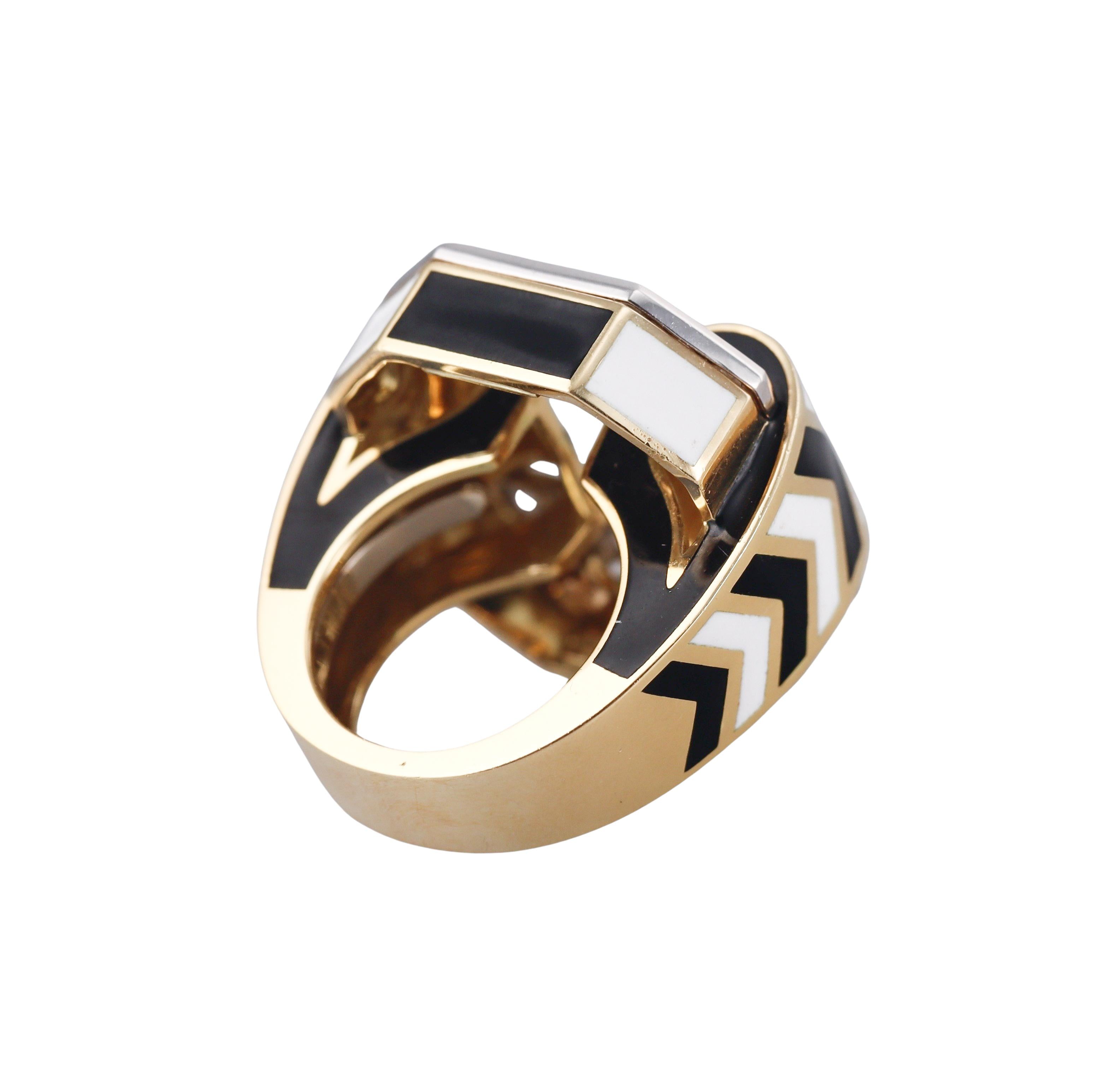 David Webb Chevron Large Diamond Enamel Gold Platinum Ring
