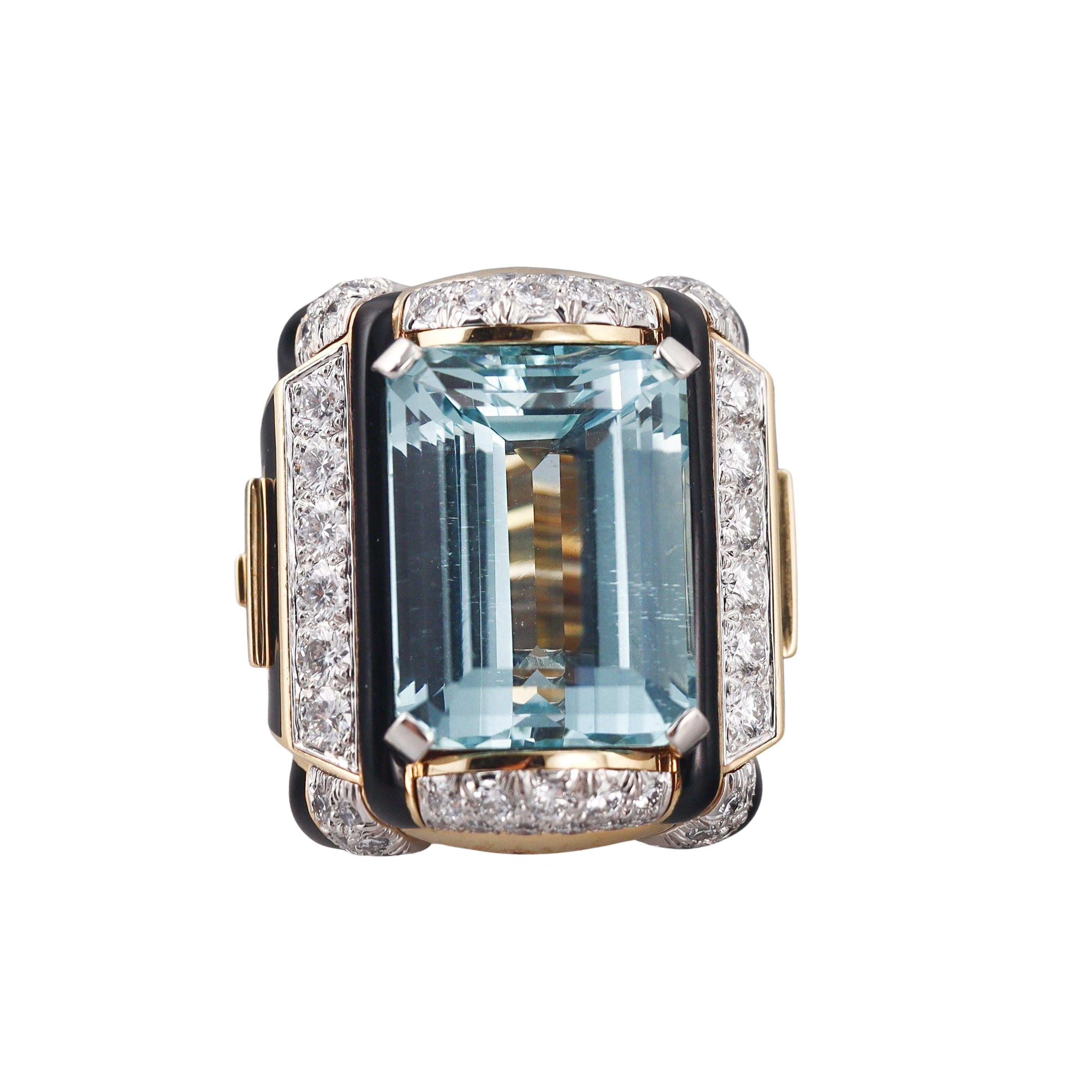 David Webb 25.50ct Aquamarine Diamond Enamel Gold Platinum Ring