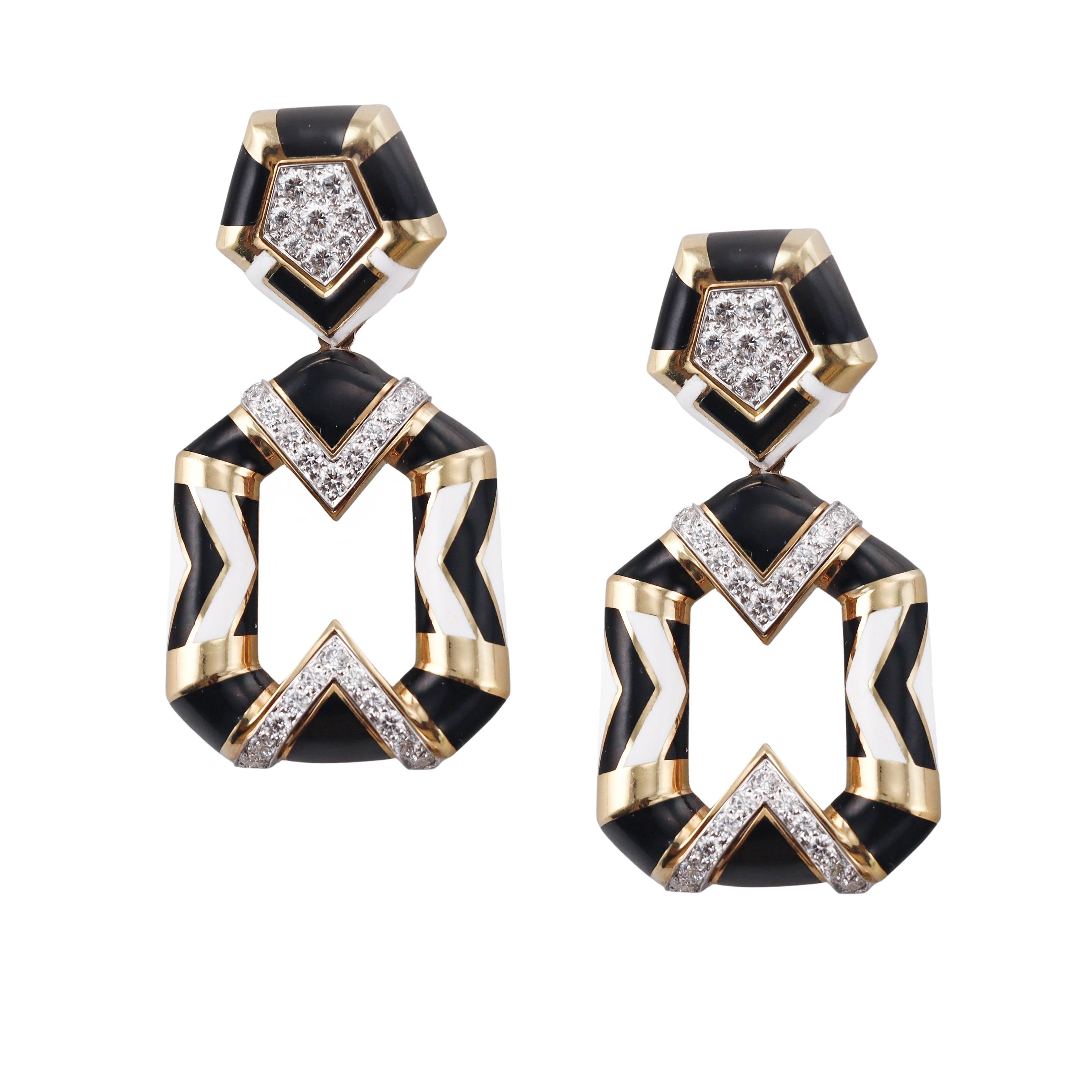 David Webb Chevron Pentagon Enamel Diamond Gold Platinum Earrings