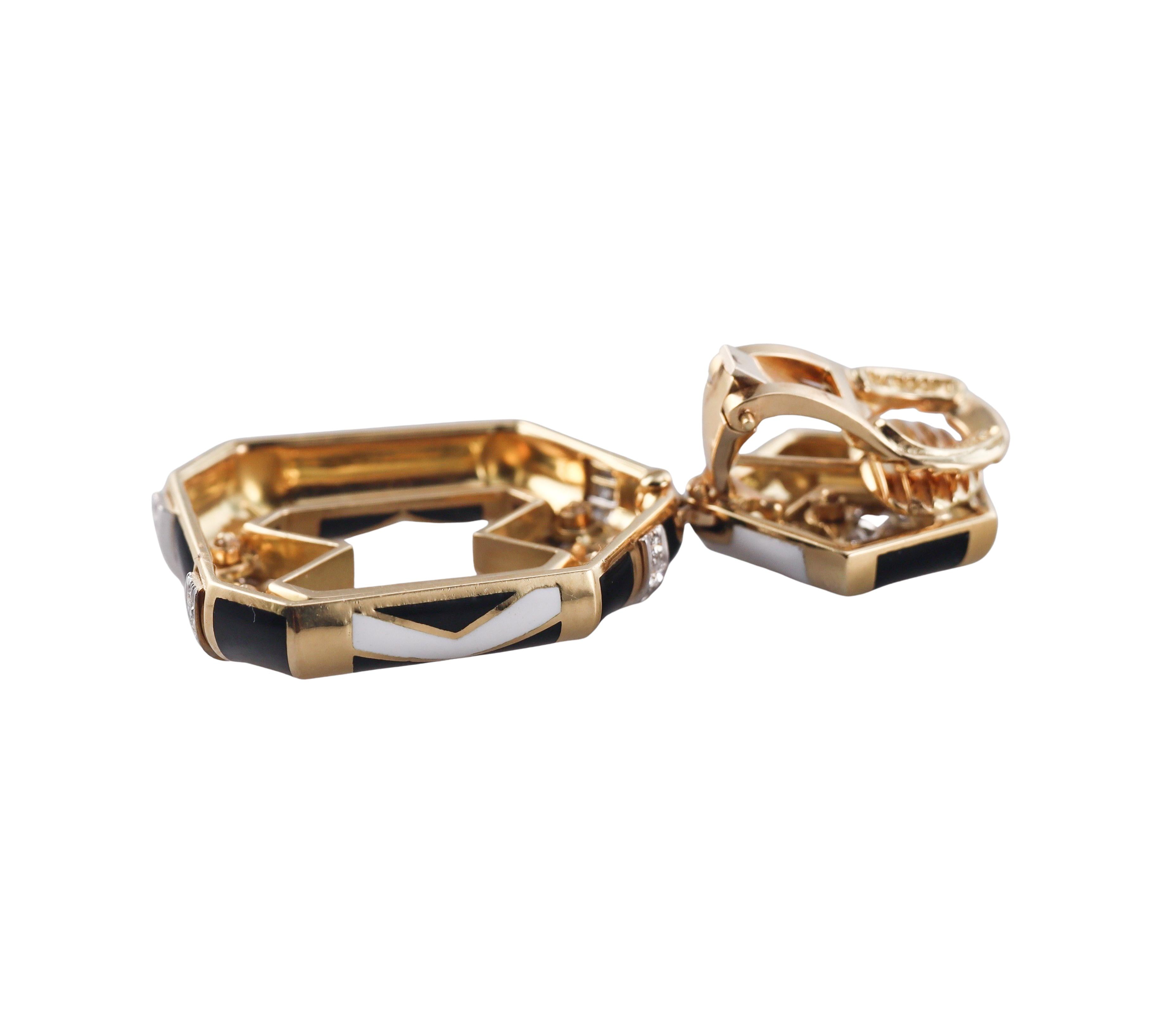 David Webb Chevron Pentagon Enamel Diamond Gold Platinum Earrings