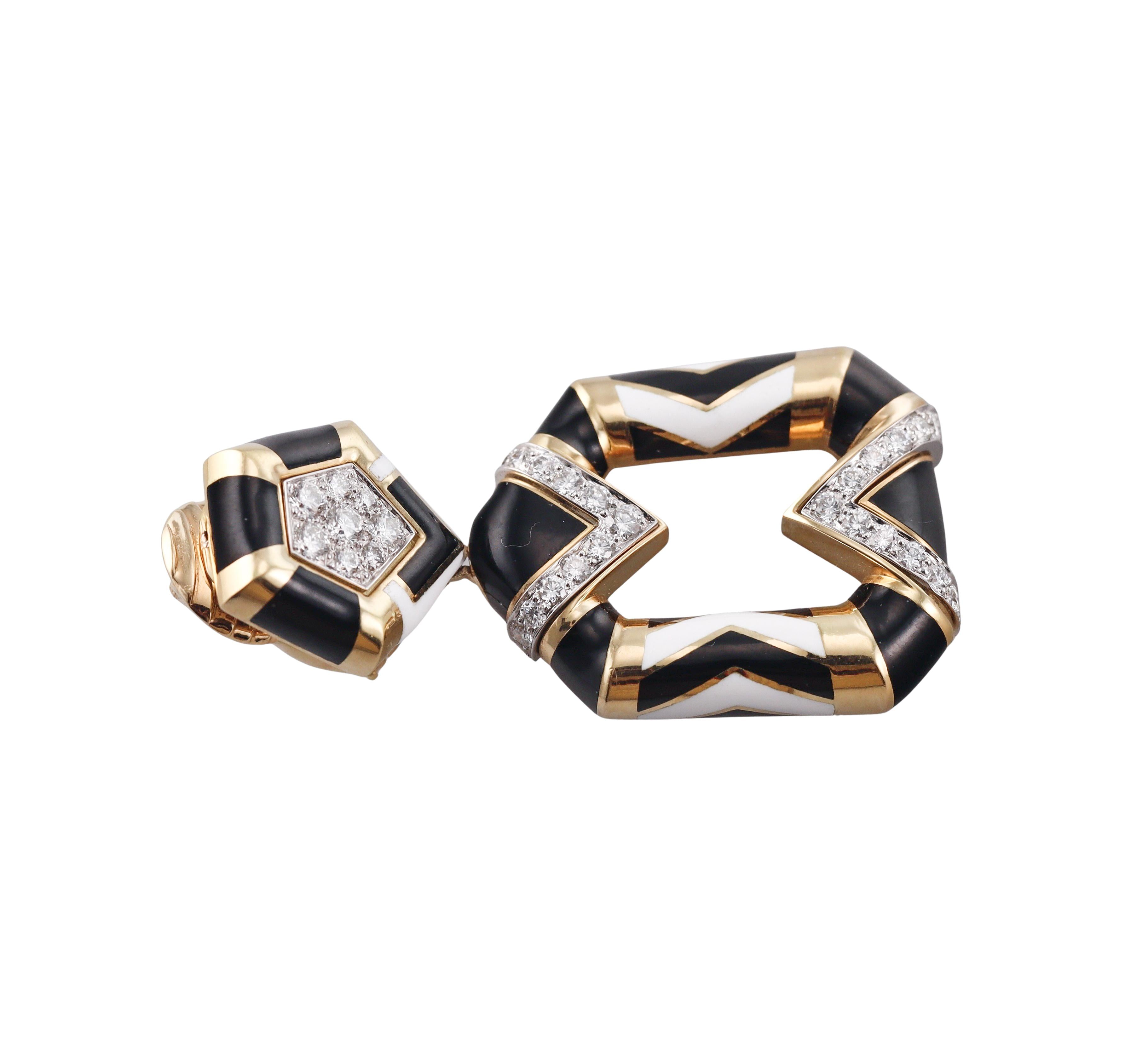 David Webb Chevron Pentagon Enamel Diamond Gold Platinum Earrings