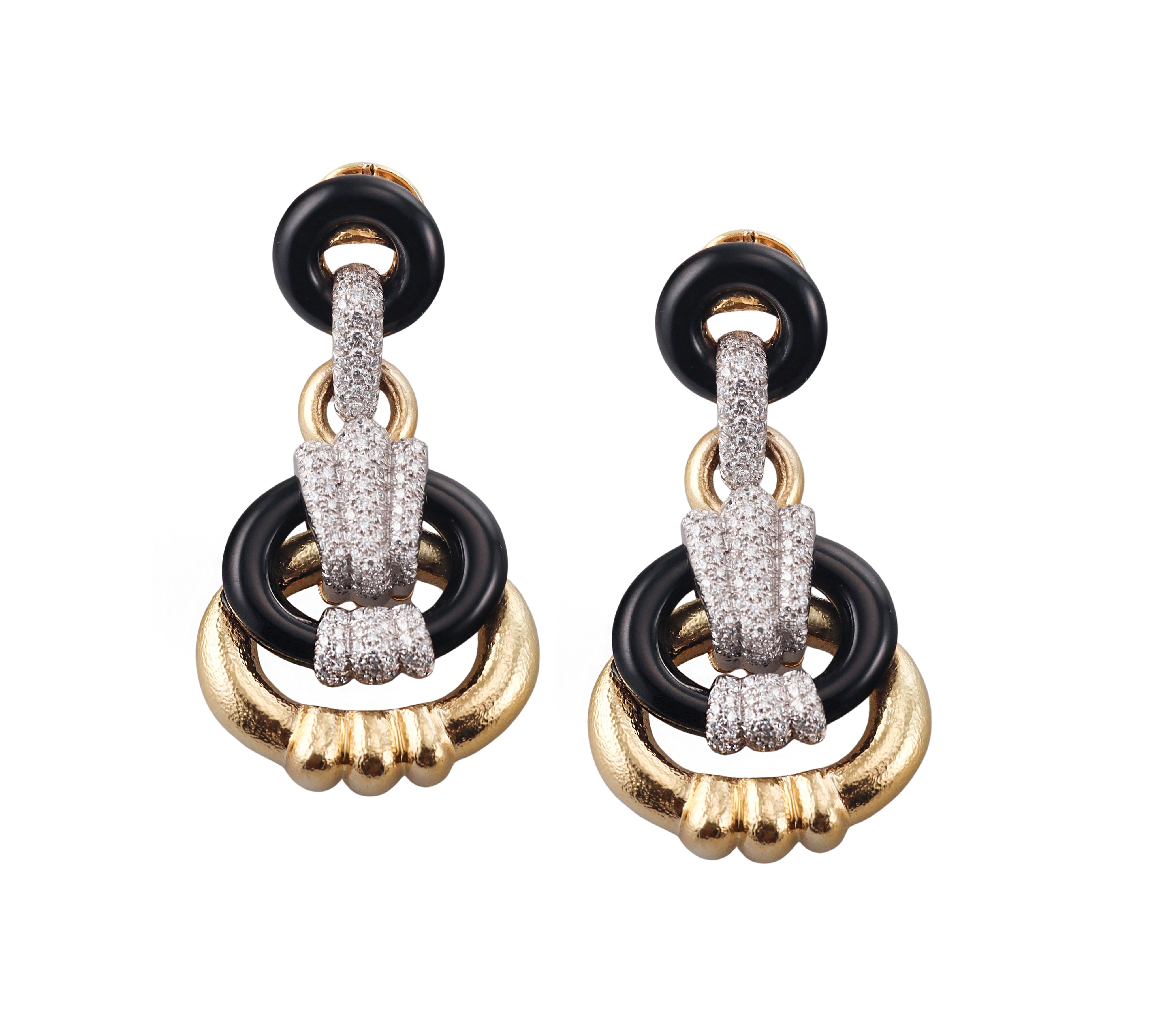 David Webb Creole Hoop Diamond Onyx Gold Platinum Earrings