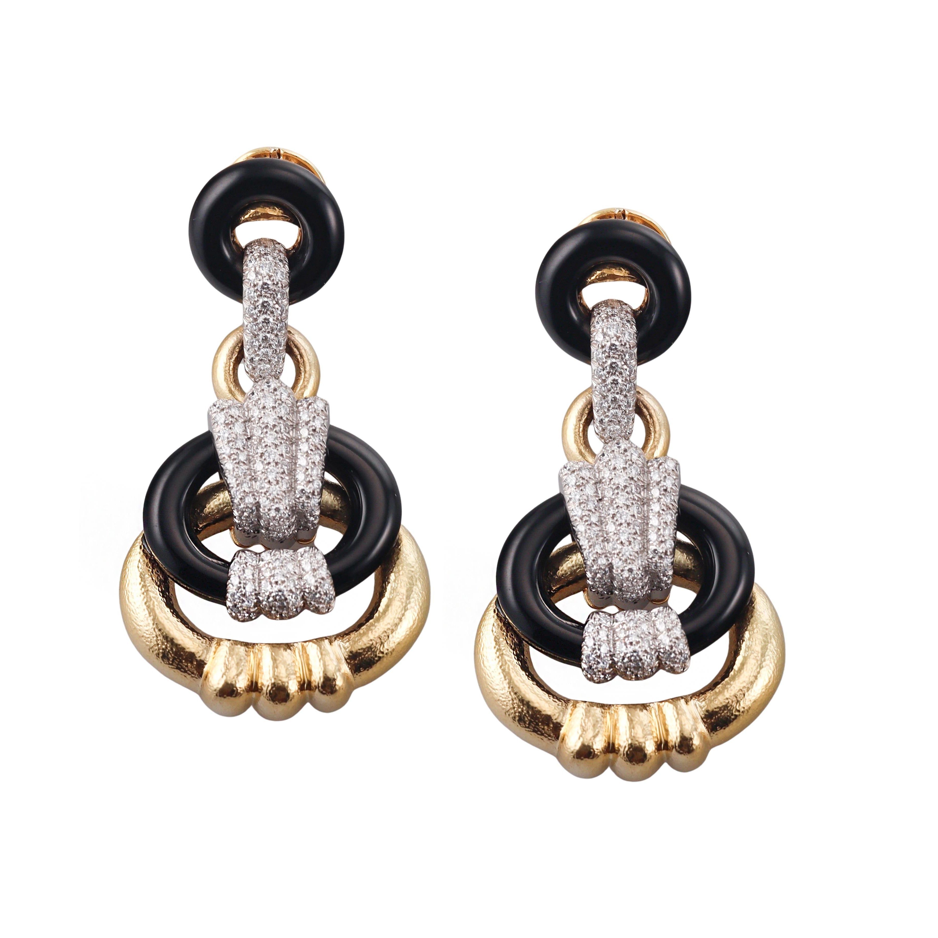 David Webb Creole Hoop Diamond Onyx Gold Platinum Earrings