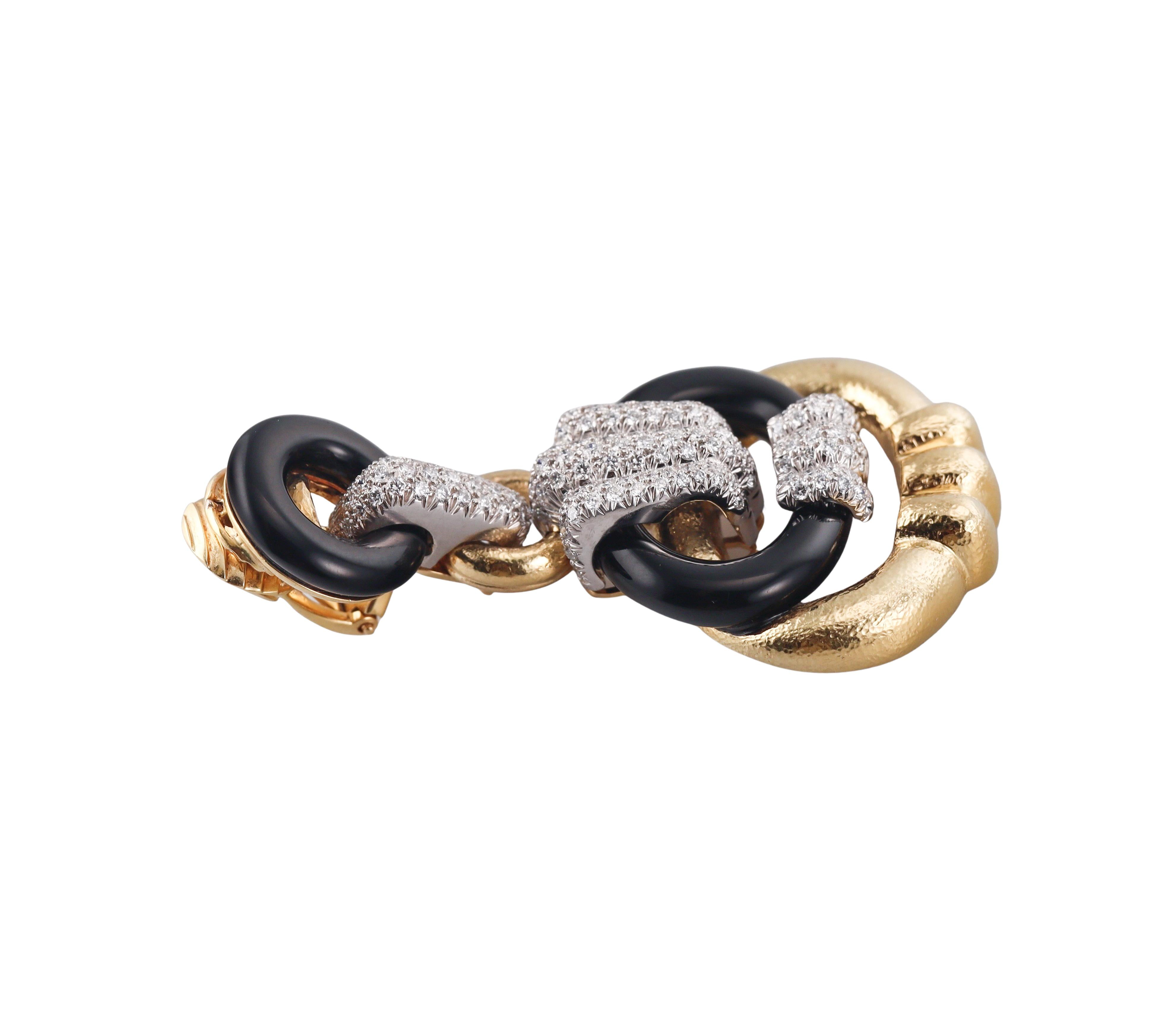 David Webb Creole Hoop Diamond Onyx Gold Platinum Earrings