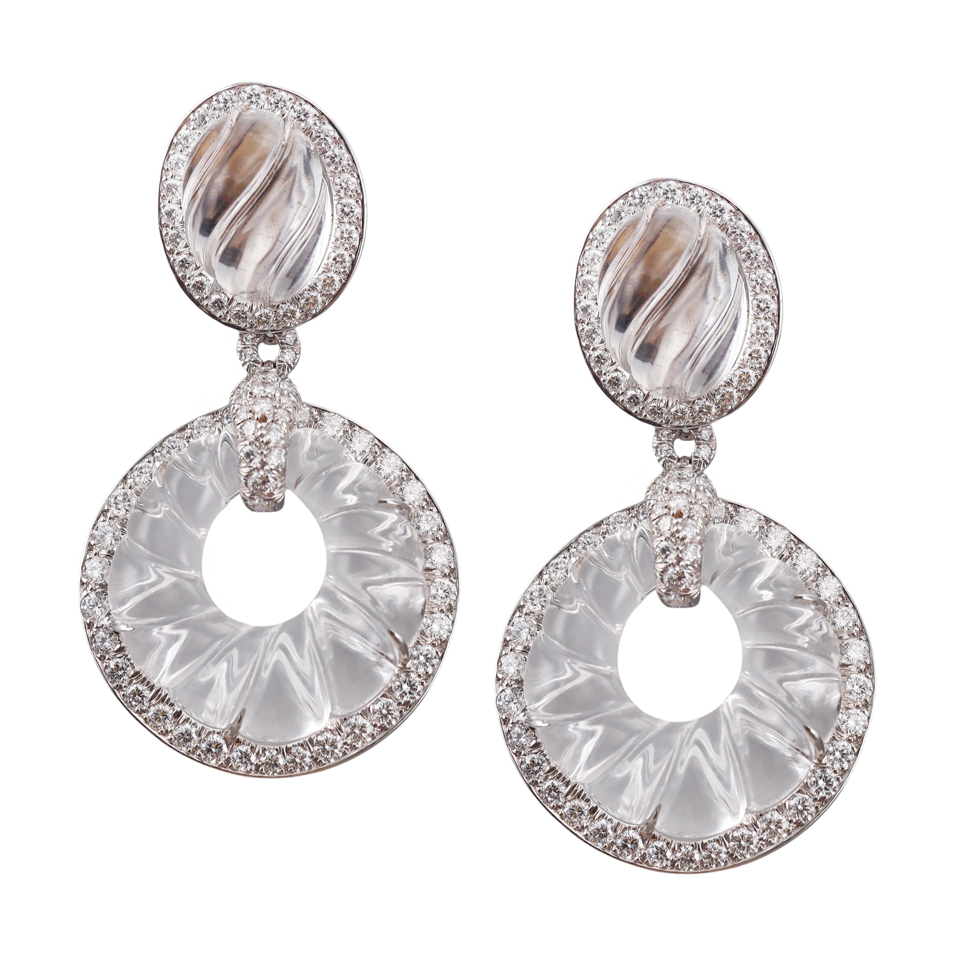 David Webb Fluted Crystal Diamond Gold Platinum Night & Day Earrings
