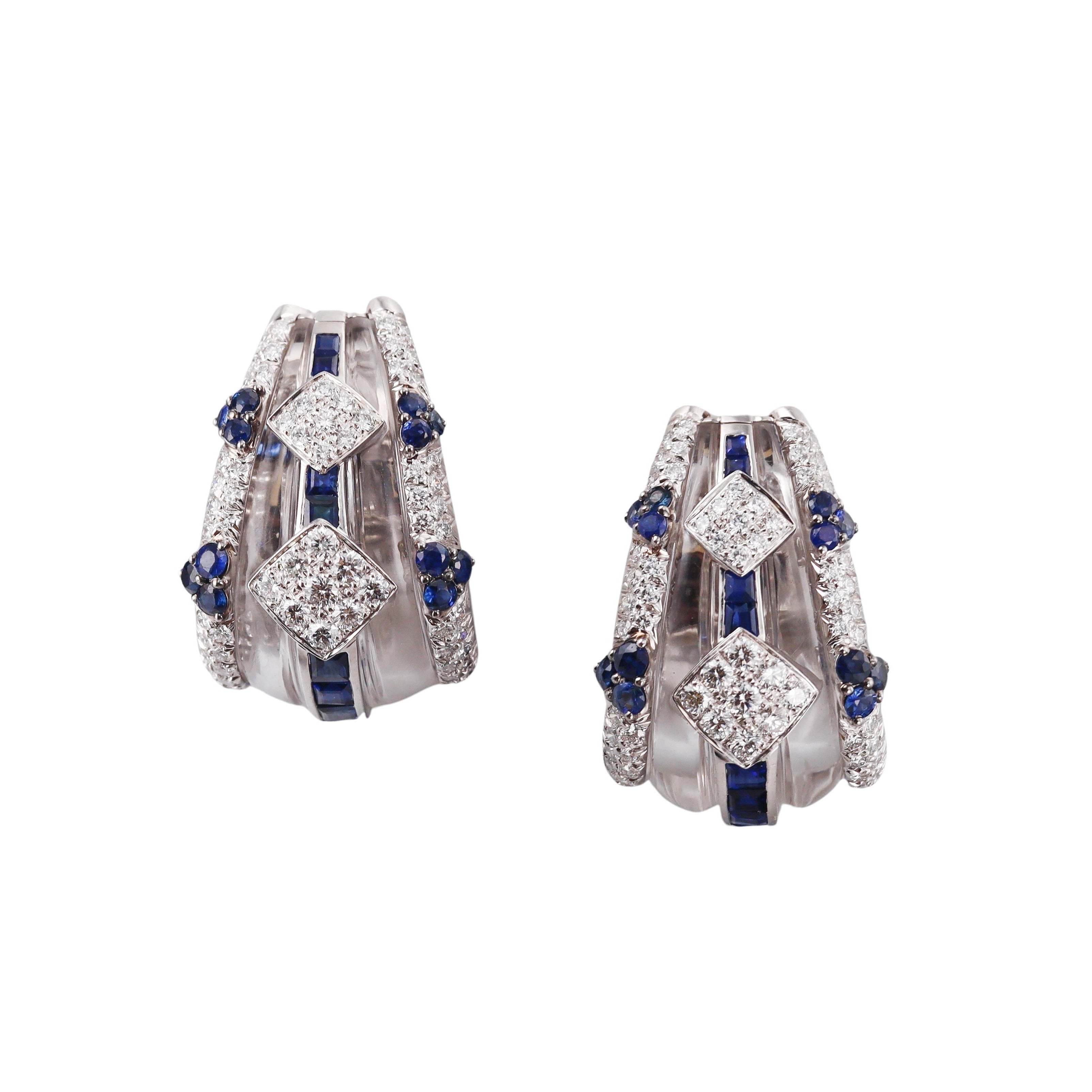 David Webb Crystal Diamond Sapphire Gold Platinum Half Hoop Earrings