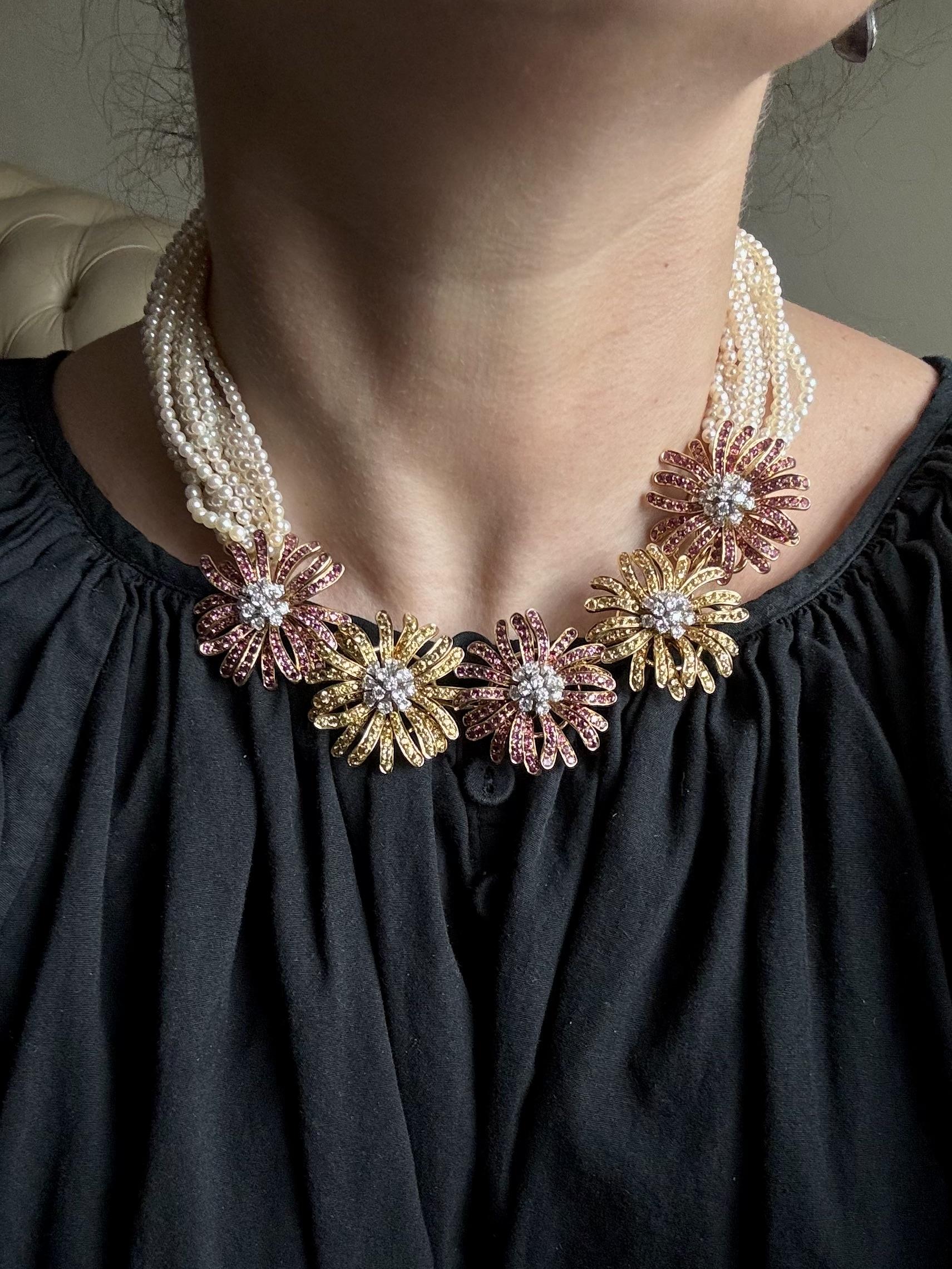 Jean Vitau Pearl Pink Yellow Sapphire Diamond Gold Flower Torsade Necklace