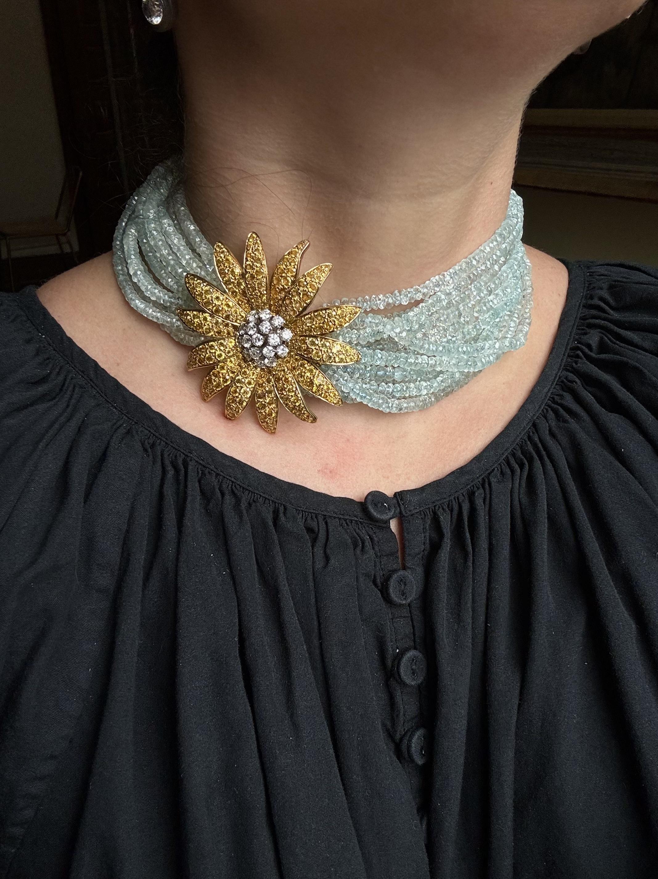 Jean Vitau Aquamarine Yellow Sapphire Diamond Flower Torsade Necklace