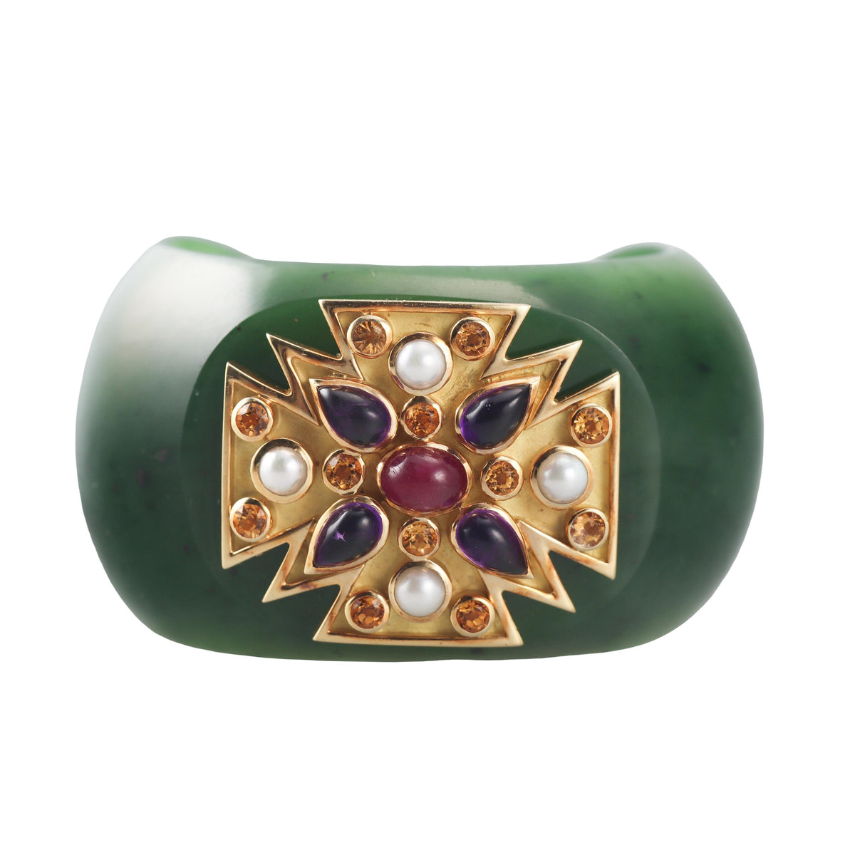Verdura Maltese Cross Nephrite Jade Ruby Amethyst Citrine Gold Cuff Bracelet