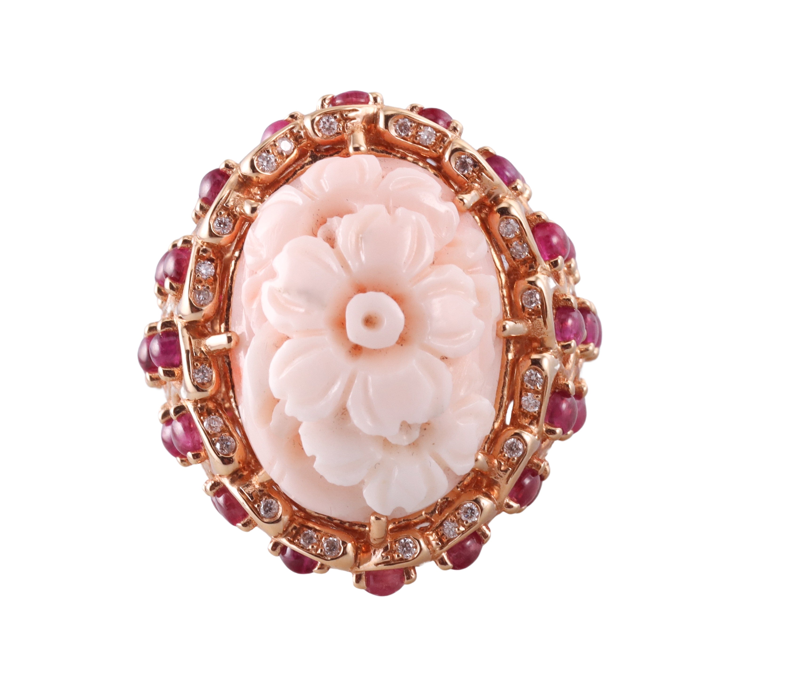Zydo Diamond Carved Coral Ruby Gold Cocktail Ring