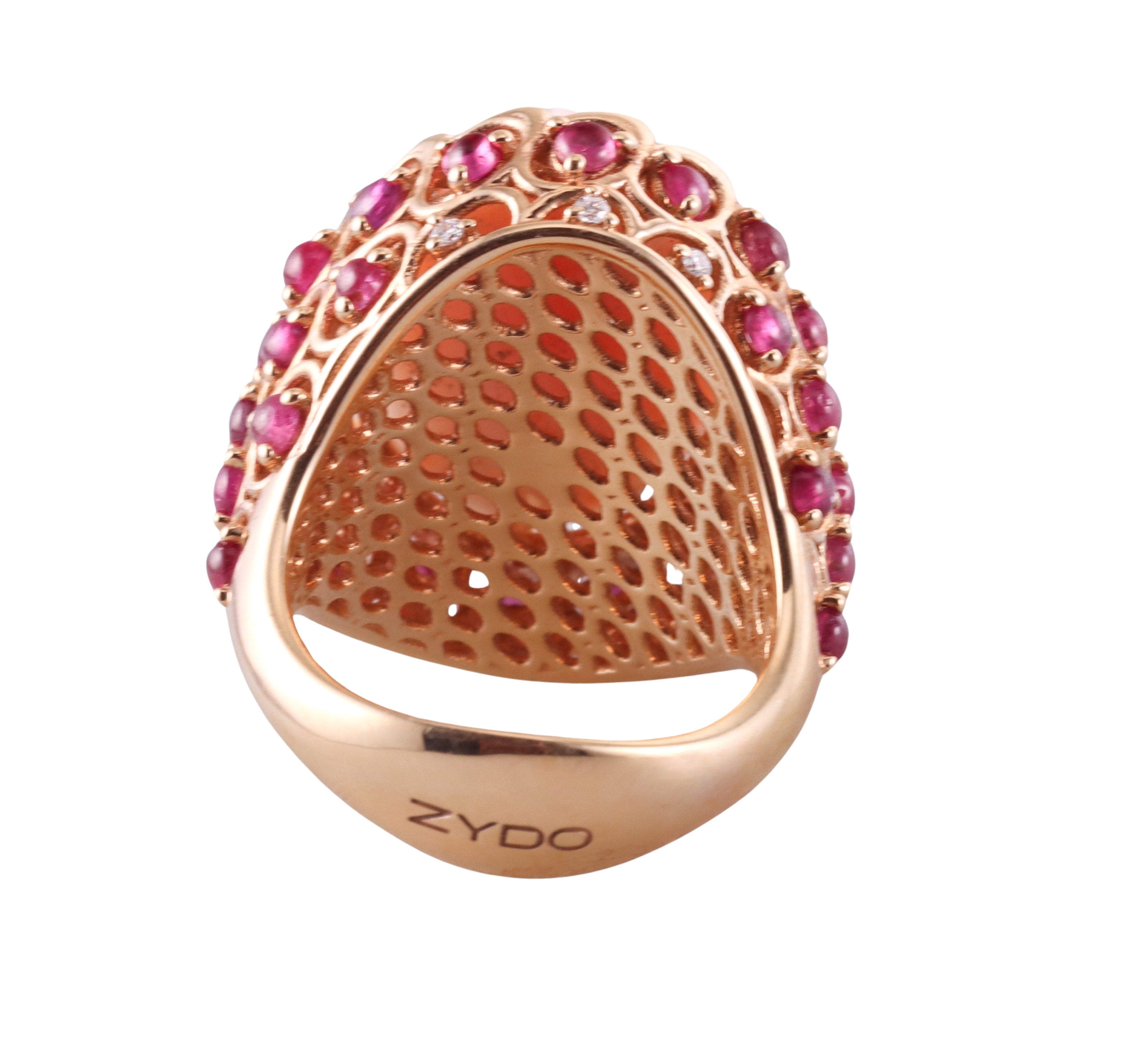 Zydo Diamond Carved Coral Ruby Gold Cocktail Ring
