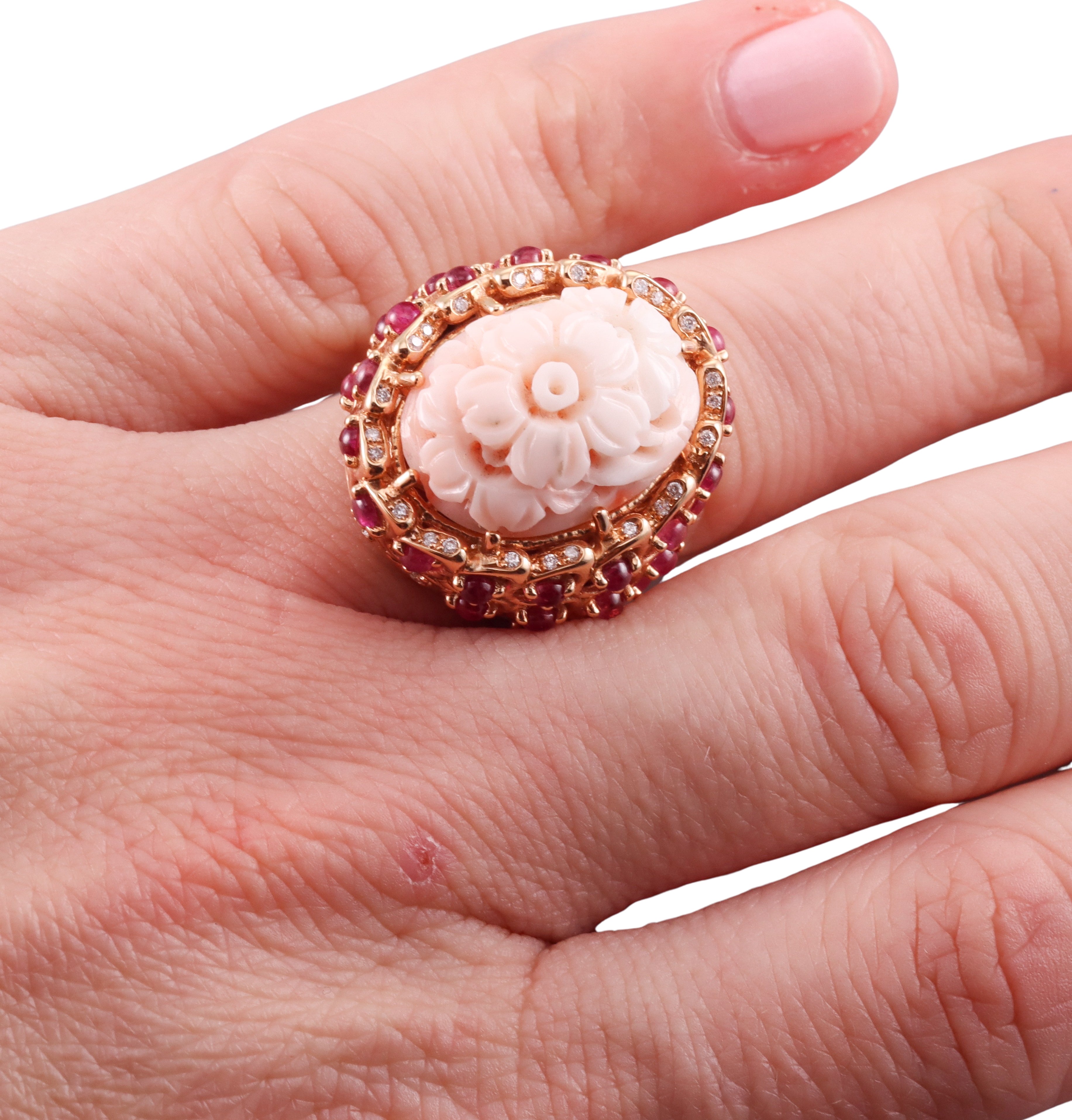 Zydo Diamond Carved Coral Ruby Gold Cocktail Ring