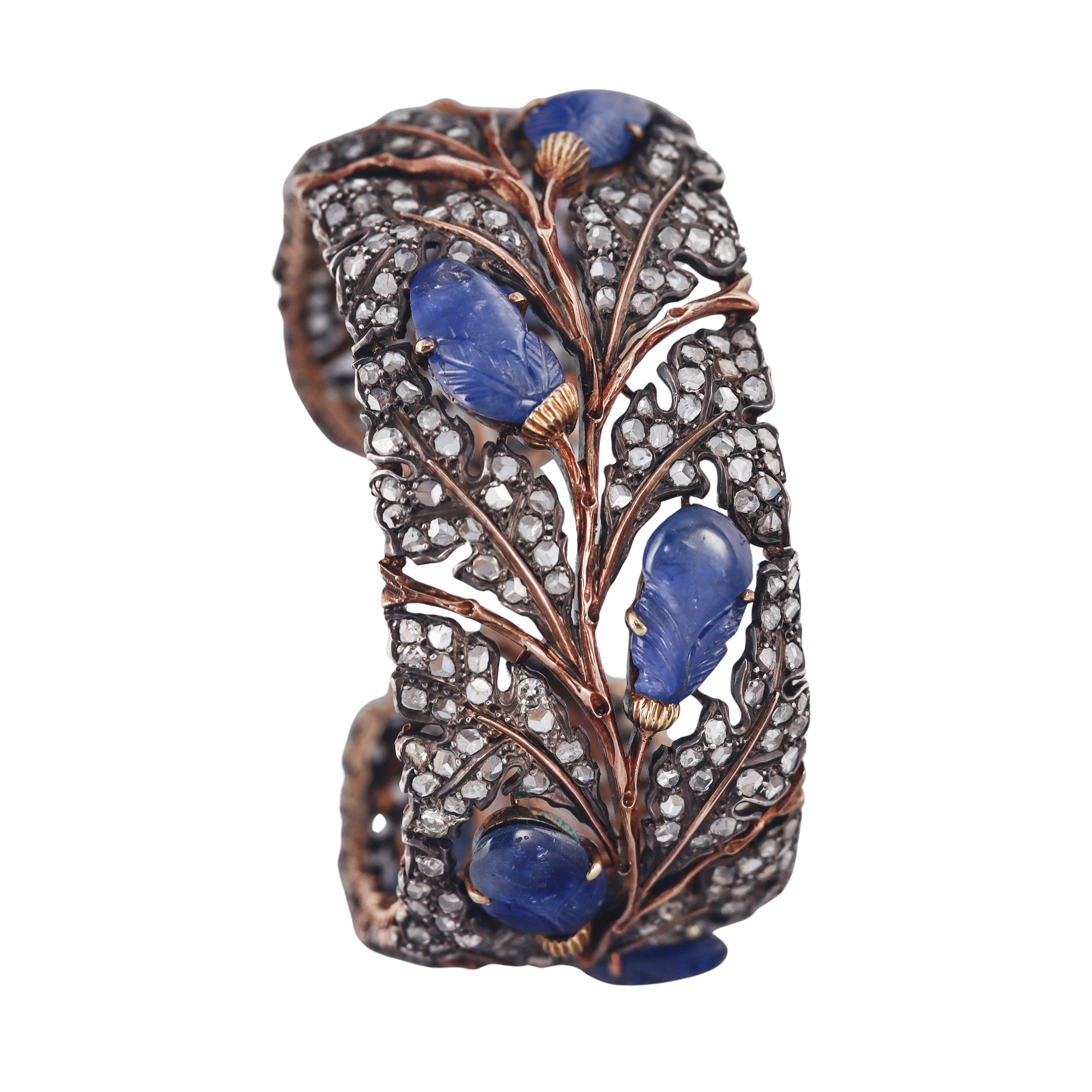 Vintage Buccellati Carved Sapphire Diamond Gold Silver Cuff Bracelet