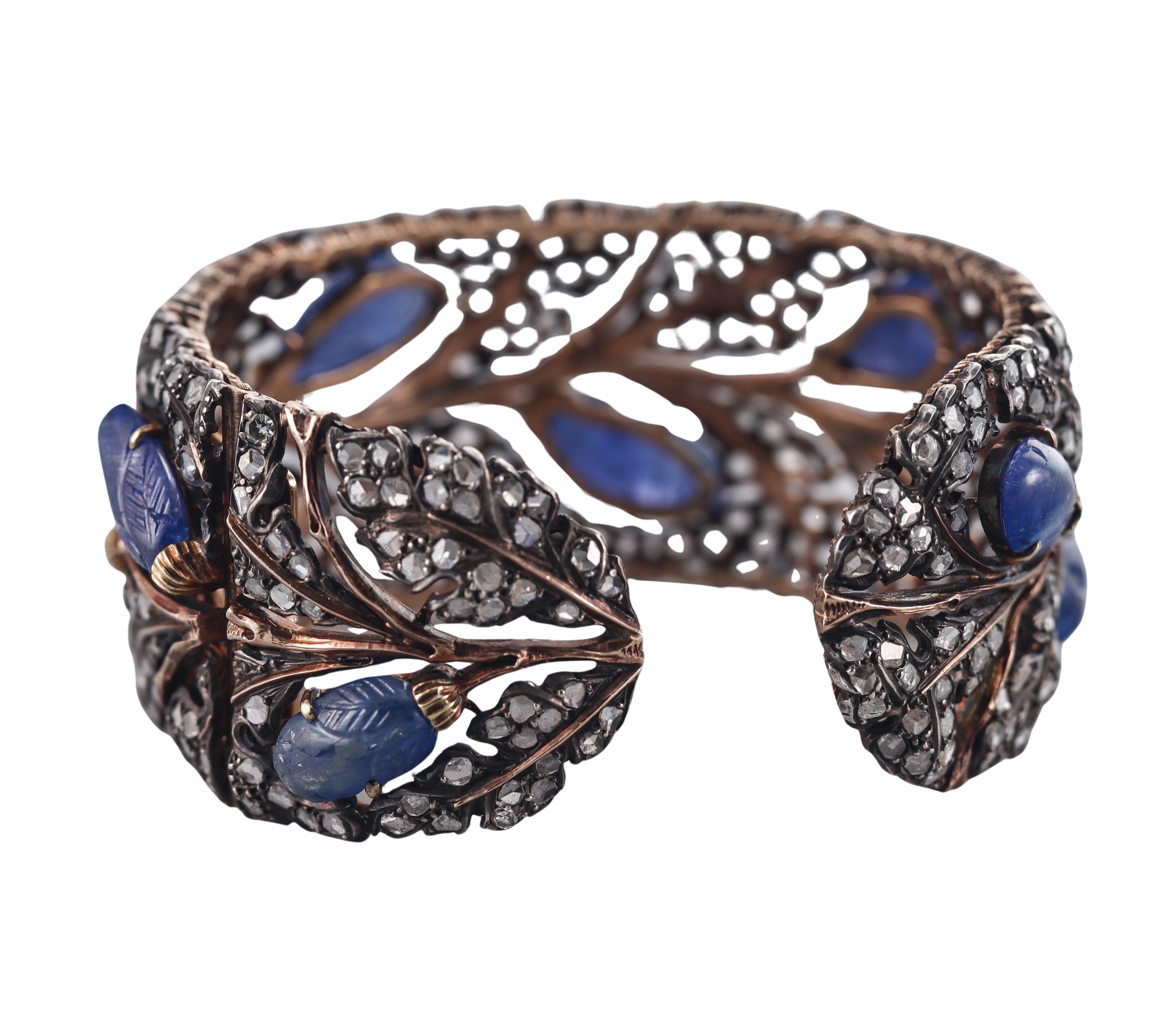 Vintage Buccellati Carved Sapphire Diamond Gold Silver Cuff Bracelet